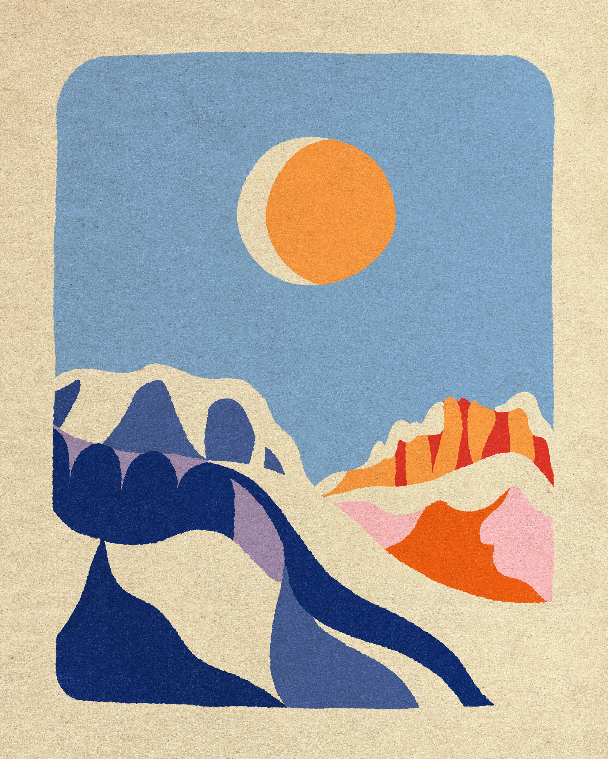 Abstract landscape illustration with blue sky, orange sun, snow-capped mountains, and colorful rock formations.