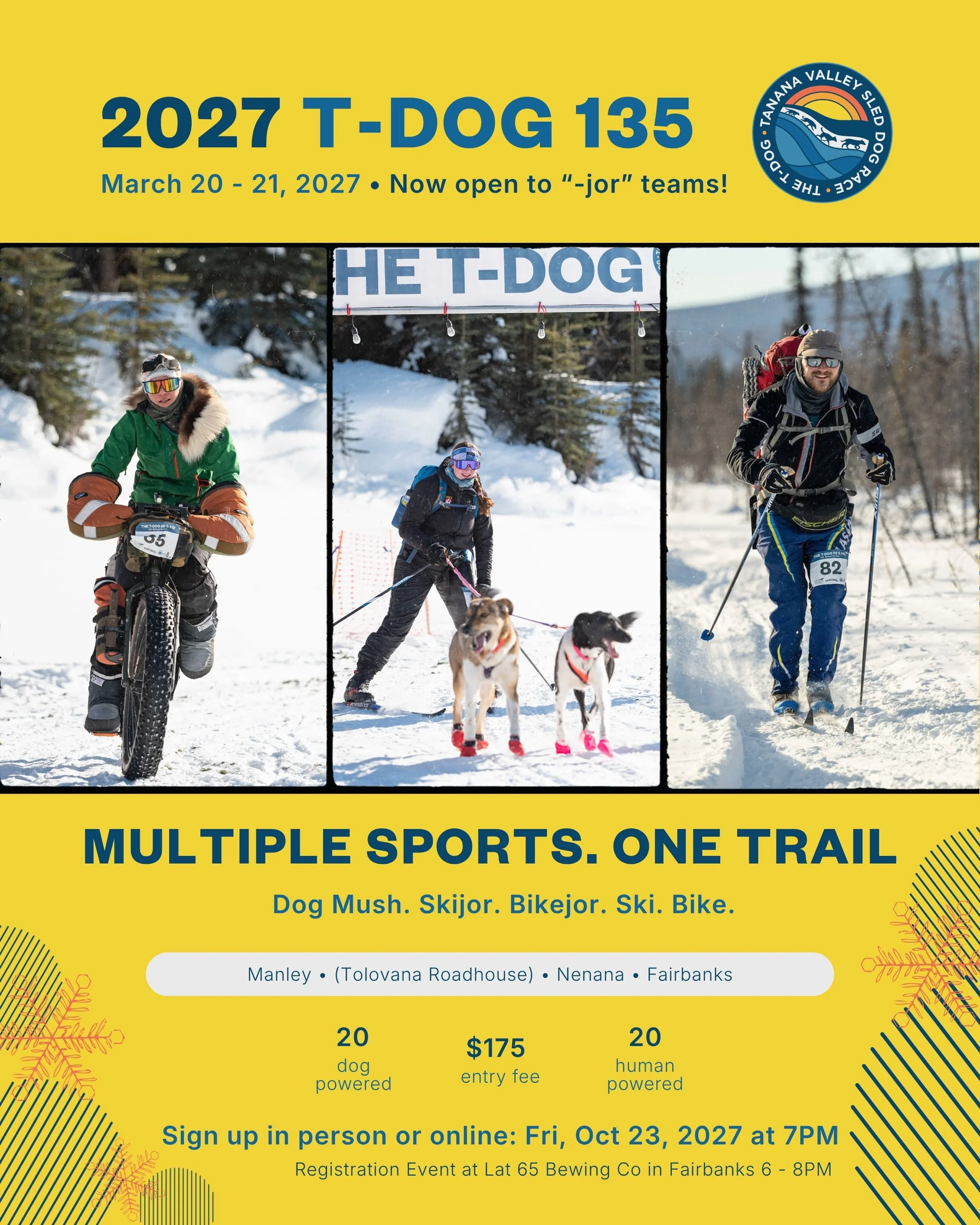 T-Dog 135: A Multisport Adventure

The T-Dog 135 is back, and this year we&rsquo;re reopening our middle-distance race to skijor and bikejor participants alongside dog mushers, bikers, and skiers!

All participants will begin with a trailhead start i