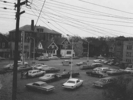 Looking west across the old Sentry parking lot, with Bartlett Avenue School and Lisa&rsquo;s Pizza in view. What was once Sentry is now Walgreens &mdash; but Lisa&rsquo;s Pizza has been right here, serving the neighborhood for generations. Proud to b