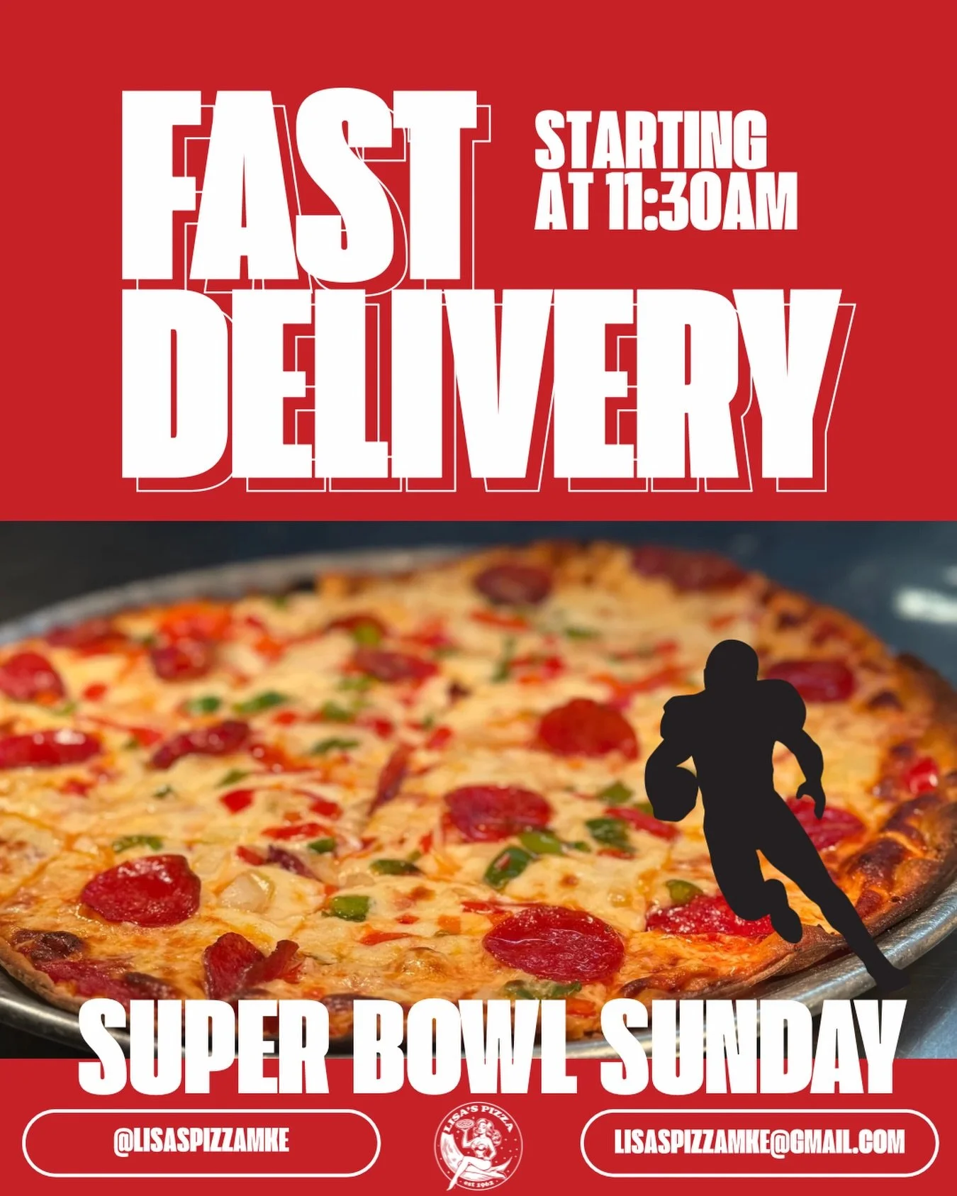 🏈 Super Bowl Sunday Delivery! 🏈
We&rsquo;re offering delivery starting earlier on Sunday at 11:30 AM just for the day! 🍔📦 Make game day easy, preordering is advised to secure your favorites before kickoff! 🙌🔥#LisasPizza #MilwaukeeEats #MKEFood 