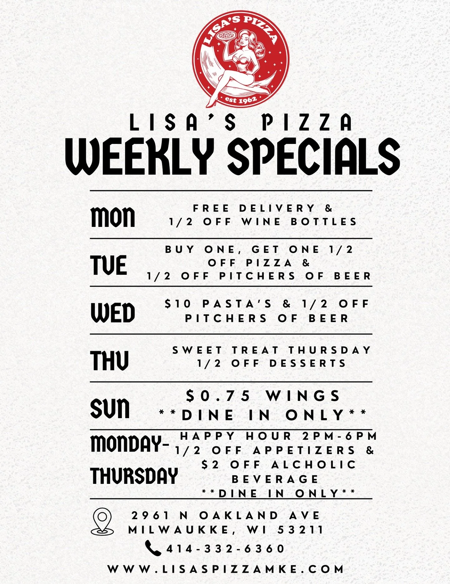 Big news!!!
Happy Hour just got EVEN better at Lisa&rsquo;s Pizza!
We&rsquo;ve expanded our hours to 2PM&ndash;6PM, Monday through Thursday (yep, that&rsquo;s 2 extra hours of deals).
And that&rsquo;s not all&hellip;
New Wednesday Special 🍝
Enjoy ou