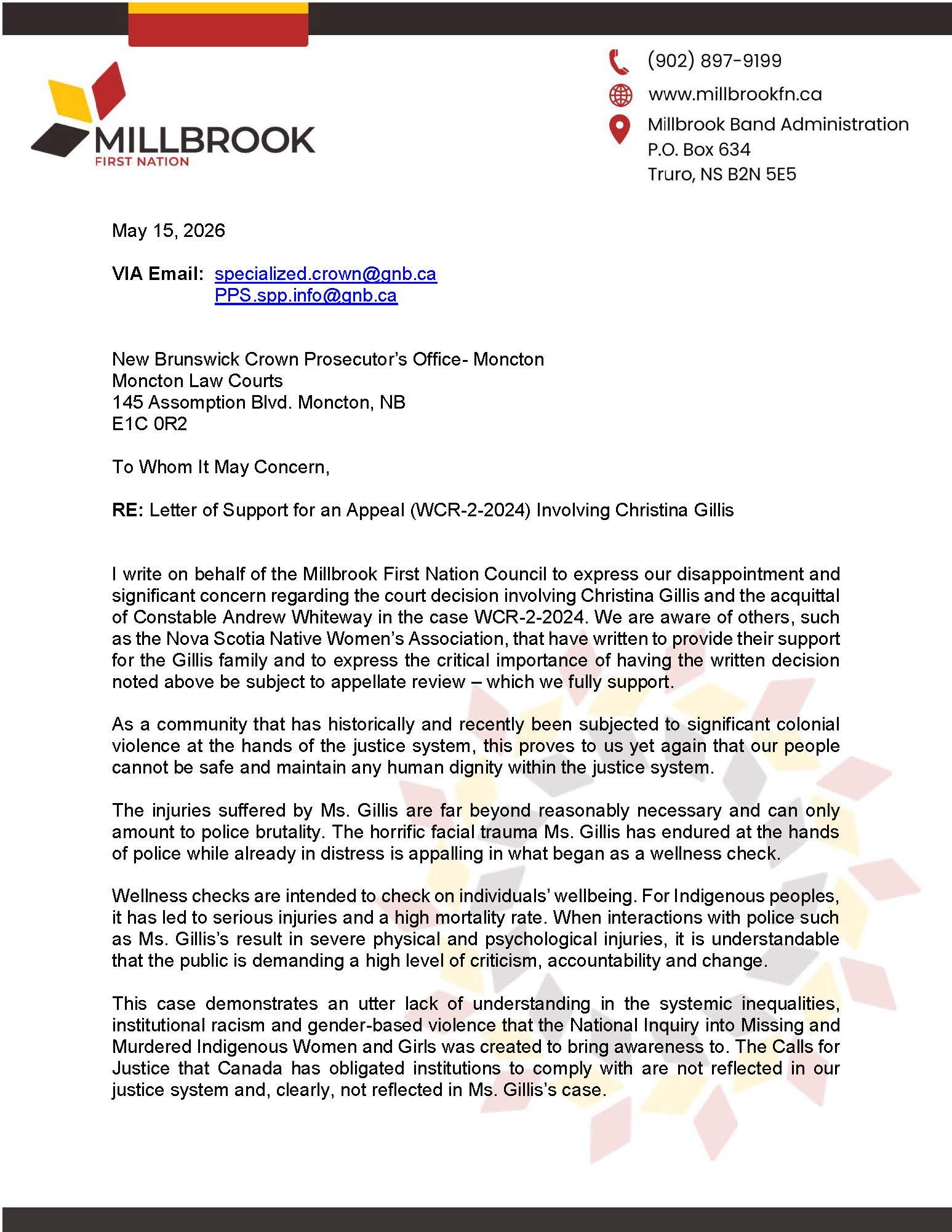 Letter of Support for an Appeal (WCR-2-2024) Involving Christina Gillis