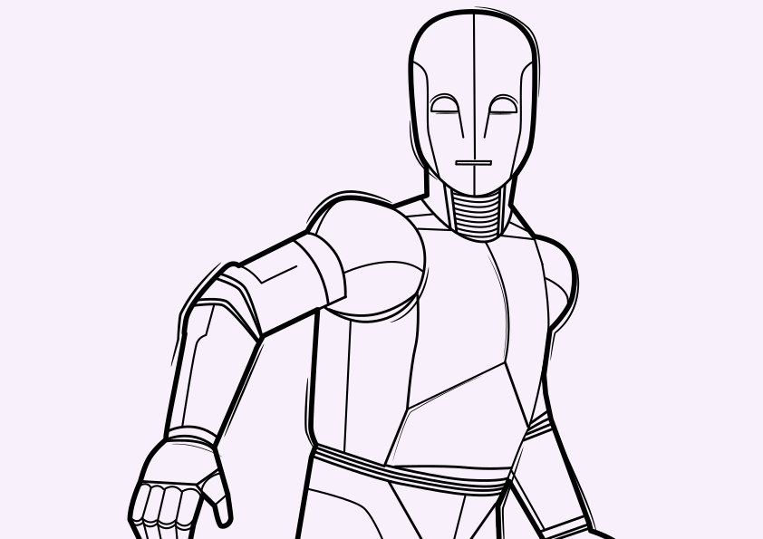 Line drawing of a humanoid robot with articulated joints and a streamlined design.