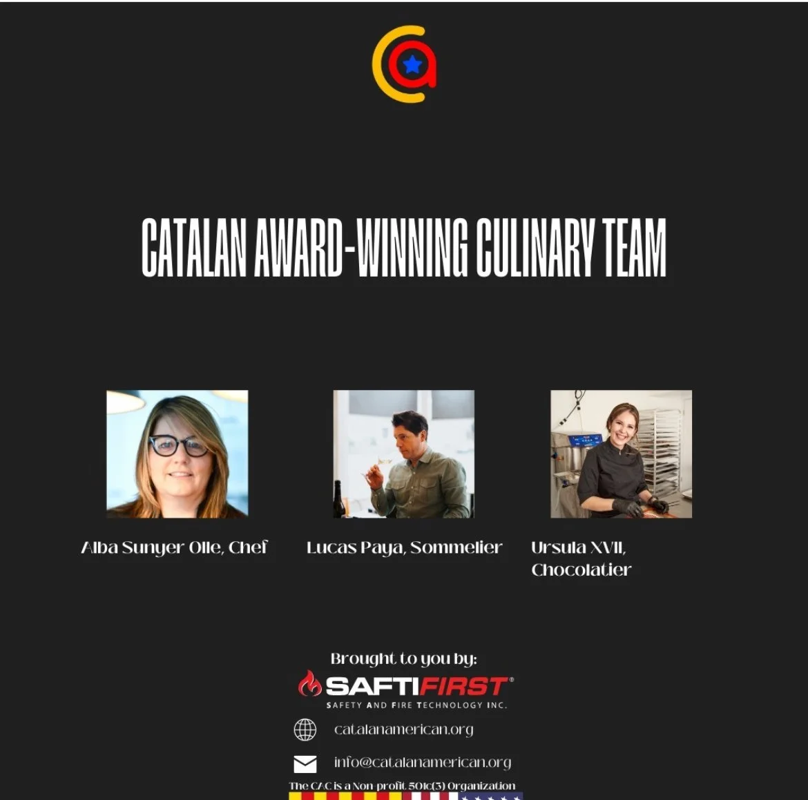 A graphic with the title 'Catalan Award-Winning Culinary Team' featuring portraits of Alba Sunyer Olle, a chef; Lucas Paya, a sommelier; and Ursula XVII, a chocolatier. The graphic is sponsored by SaftFirst, with contact info and organization details