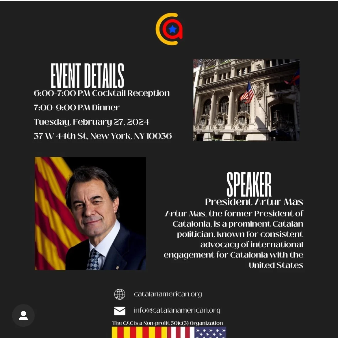 Event flyer with details about a cocktail reception and dinner featuring President Artur Mas, to be held in New York on February 27, 2024, with images of a historic building, Artur Mas, and American and Catalan flags.