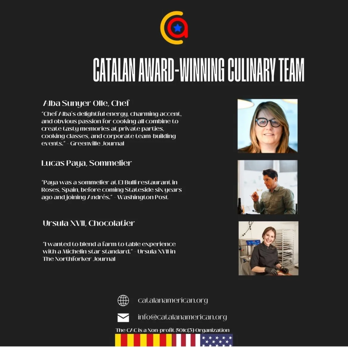 A promotional poster for a culinary team with photos of three team members: Alba Sunyer Olle, Chef; Lucas Paya, Sommelier; and Ursula XVII, Chocolatier. It features their names, titles, brief biographies, and contact information, along with the Catal
