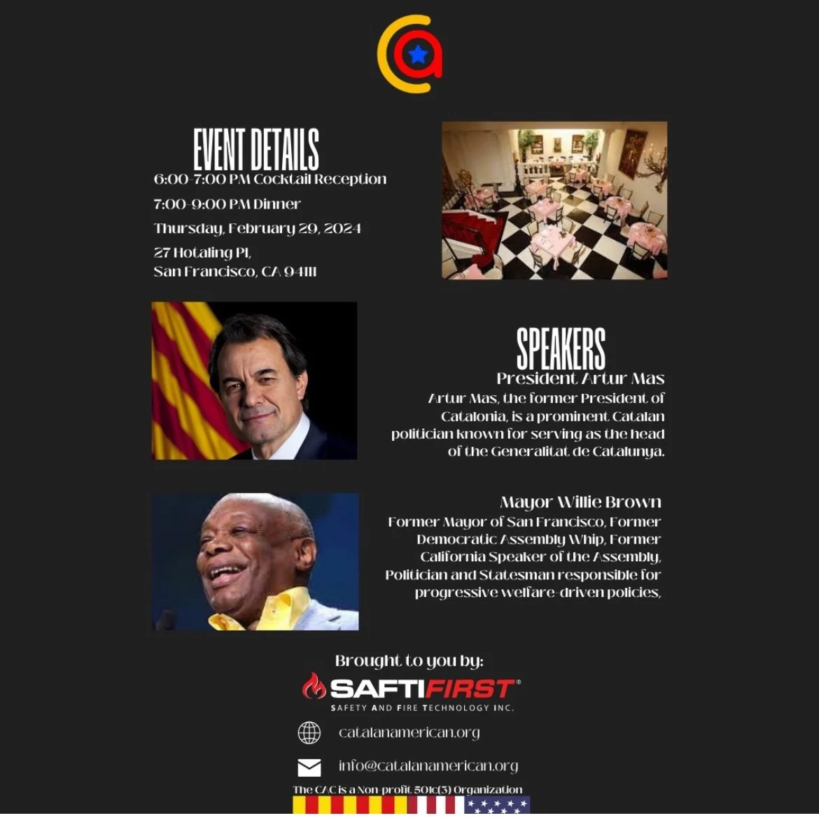 Event invitation flyer featuring event details, date and location, with pictures of speakers President Artur Mas and Mayor Willie Brown, and a photo of a dining room with tables set for a reception. The flyer is sponsored by Saft First and includes w
