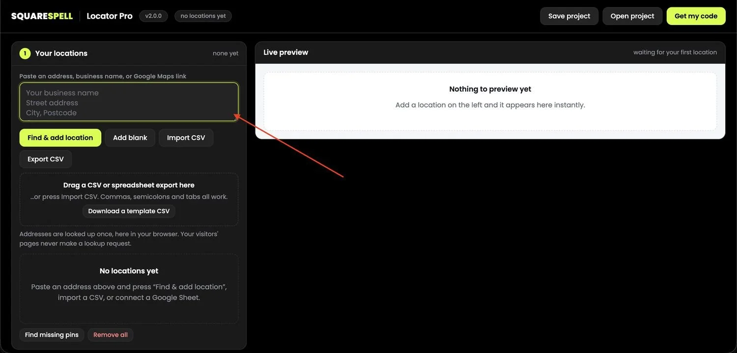Adding a new store location by typing an address into the Find and Add Location search box in Locator Pro