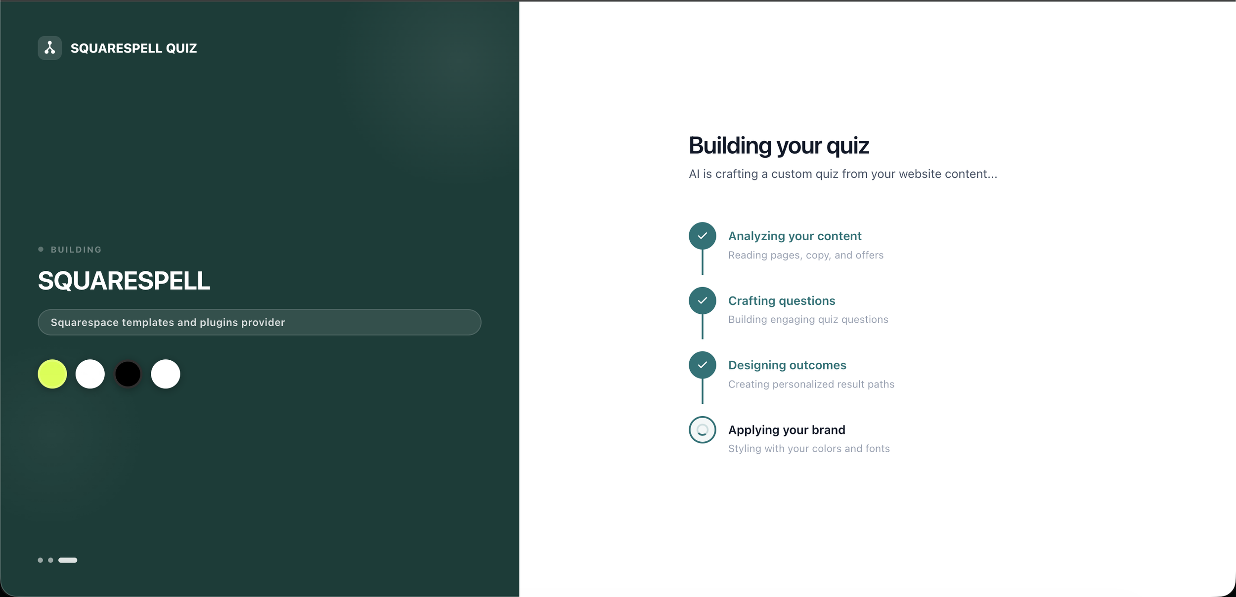 Editing quiz questions, answers, scoring, and personalized results inside the Squarespell Quiz editor