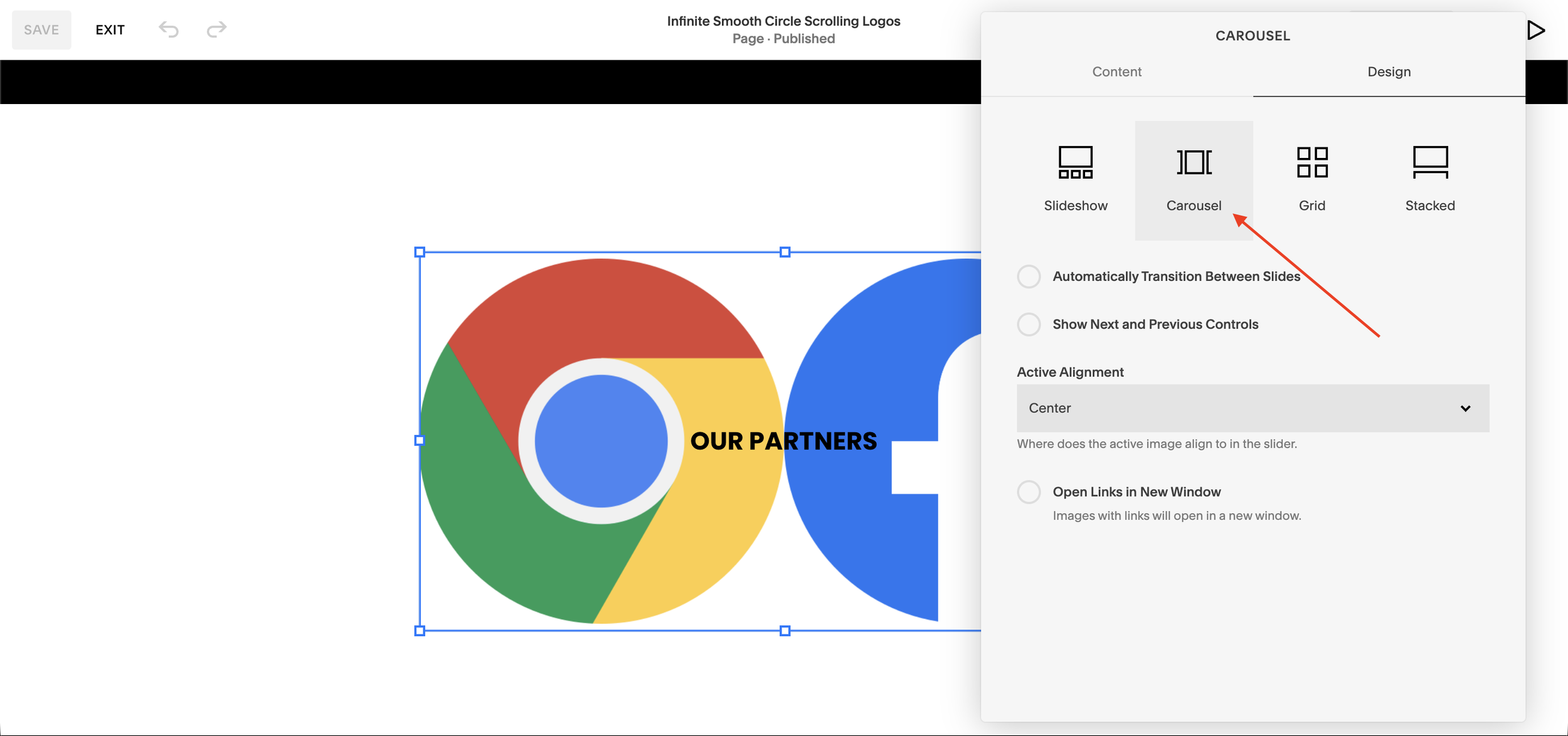 Adding a gallery block in Squarespace editor to create a logo carousel