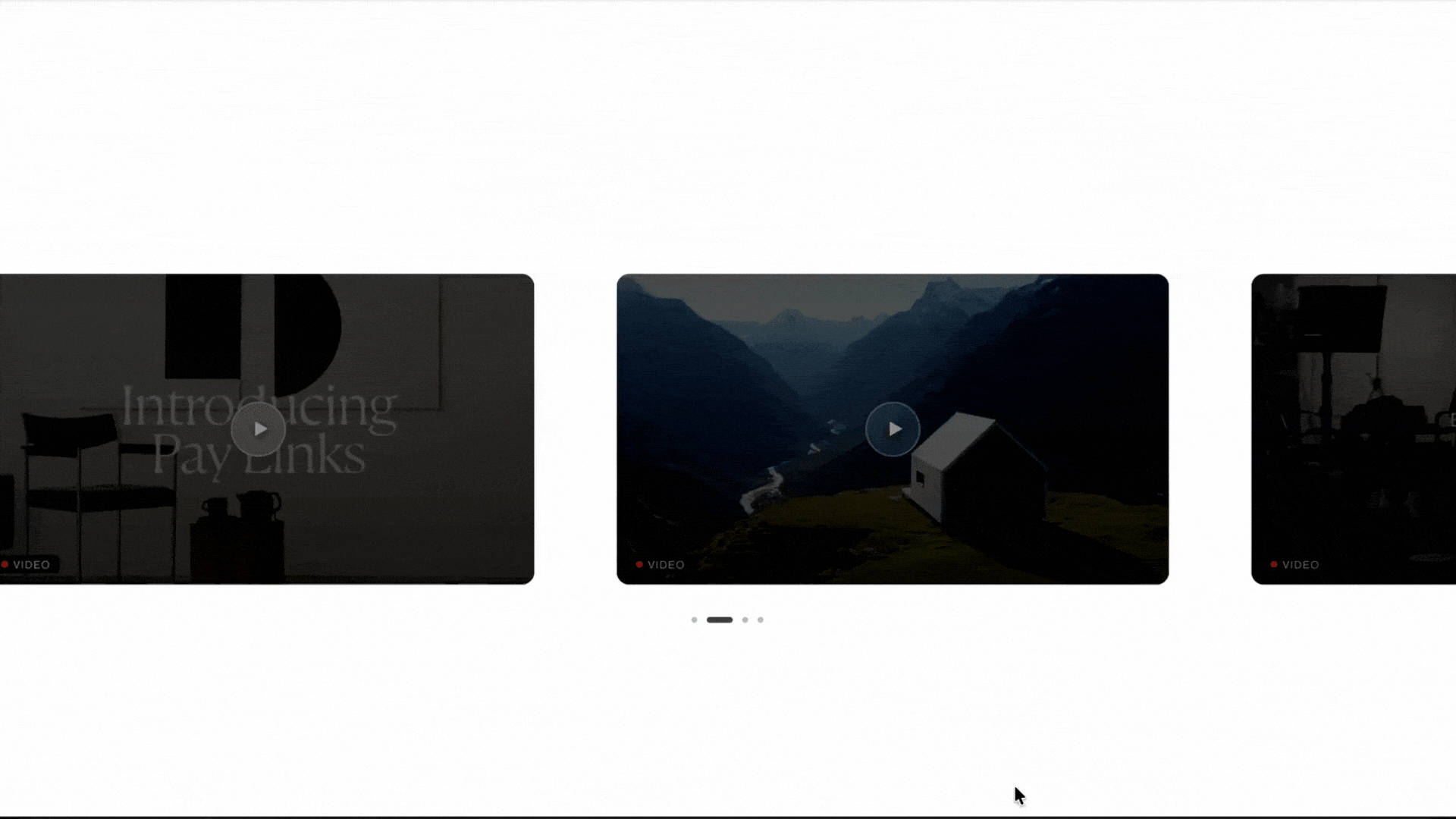 Single Row video carousel plugin live on Squarespace 7.1 showing one horizontal scrolling row of video cards with dot navigation.gif
