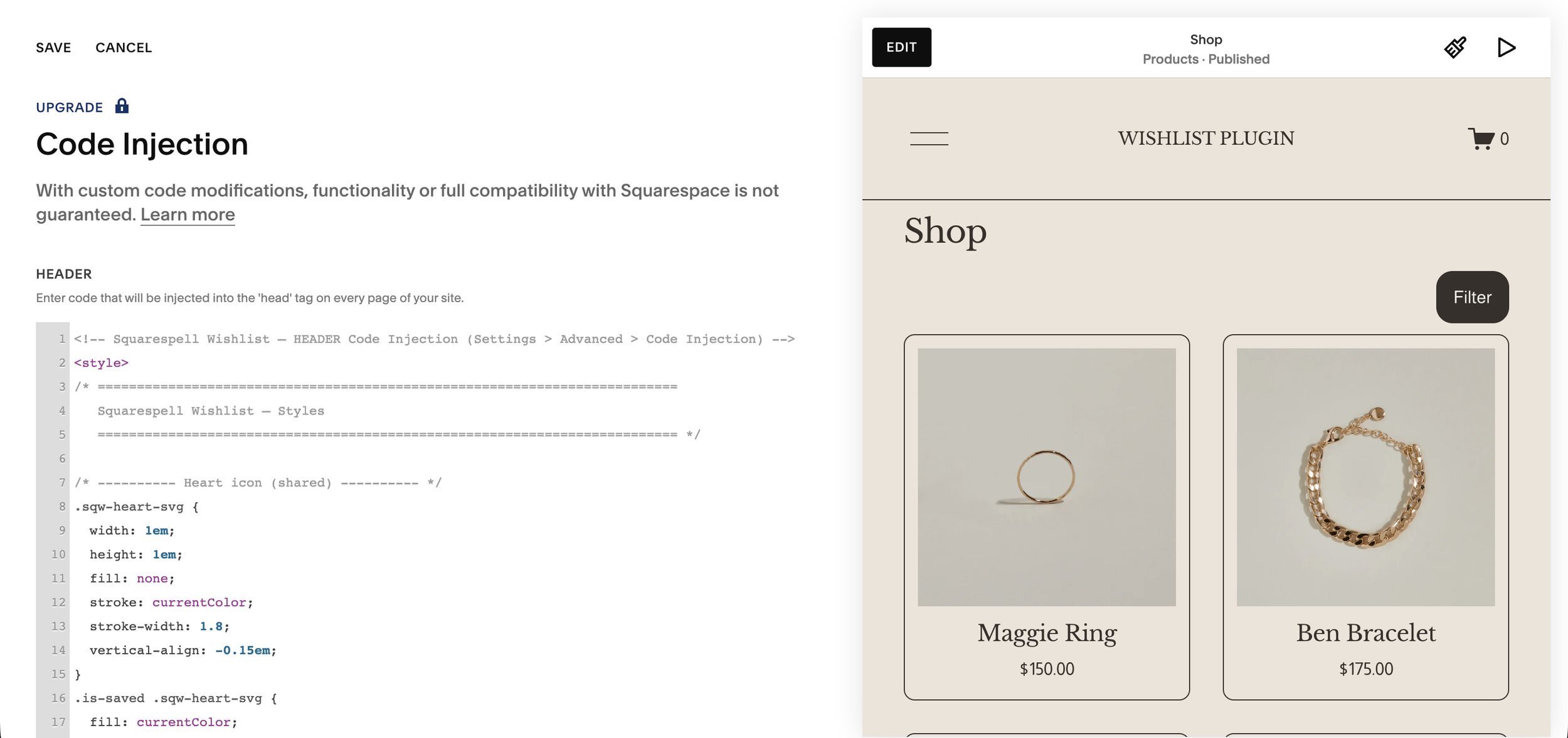 Squarespace Code Injection settings under Settings, Advanced, where the wishlist is enabled
