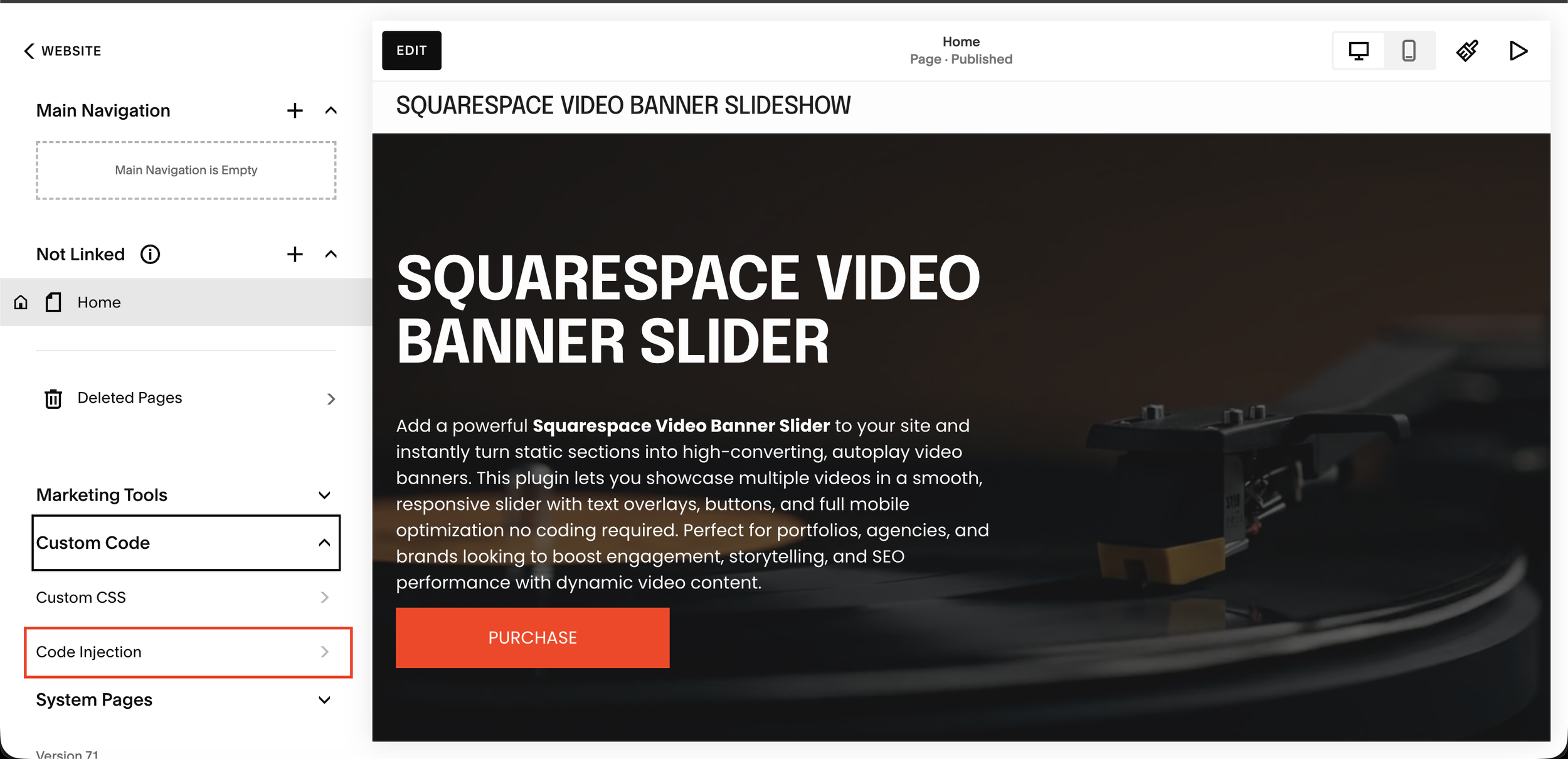 Squarespace 7.1 settings panel with Custom Code expanded and Code Injection highlighted in a red box where to paste the video banner carousel plugin code