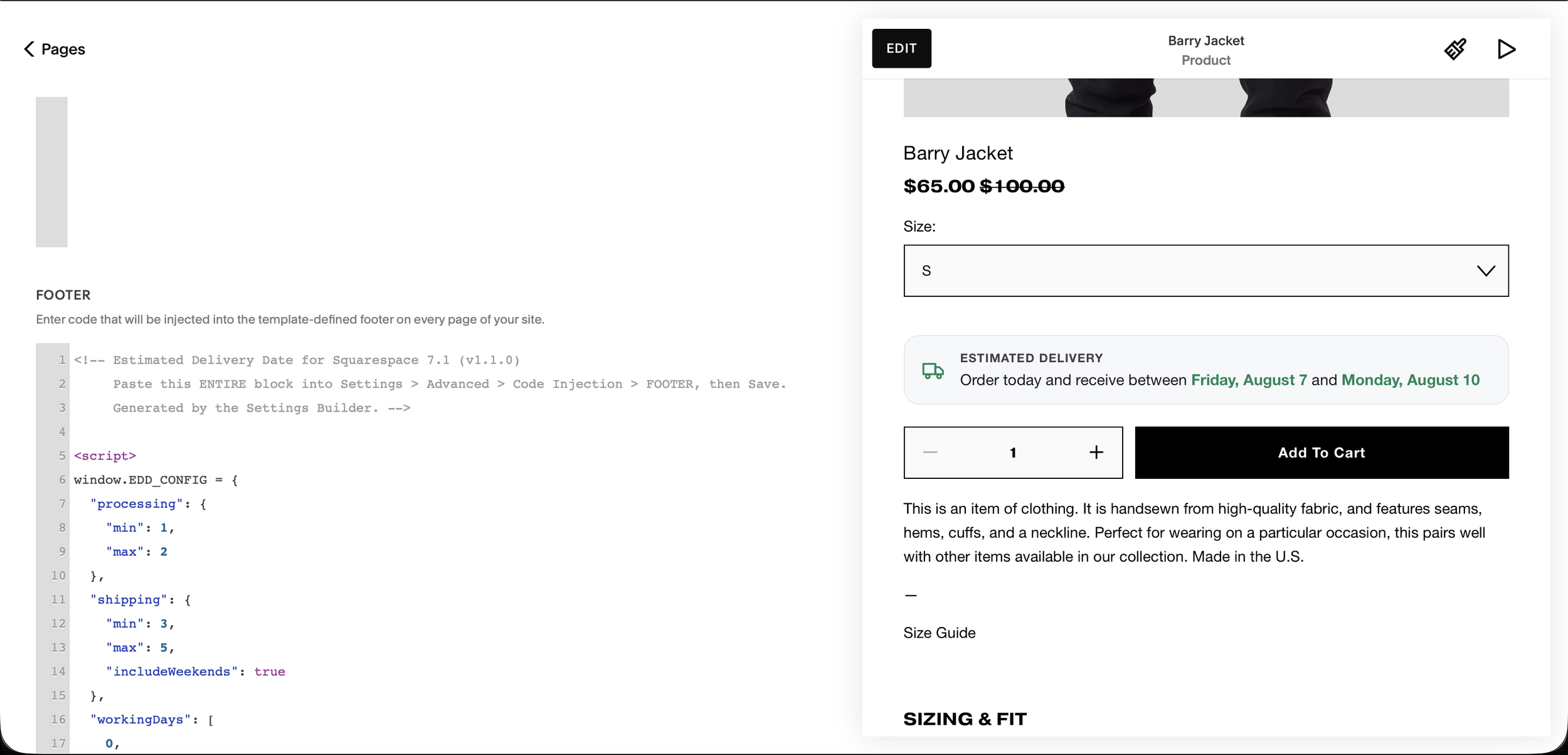 Squarespace Code Injection Footer field with the estimated delivery snippet pasted in