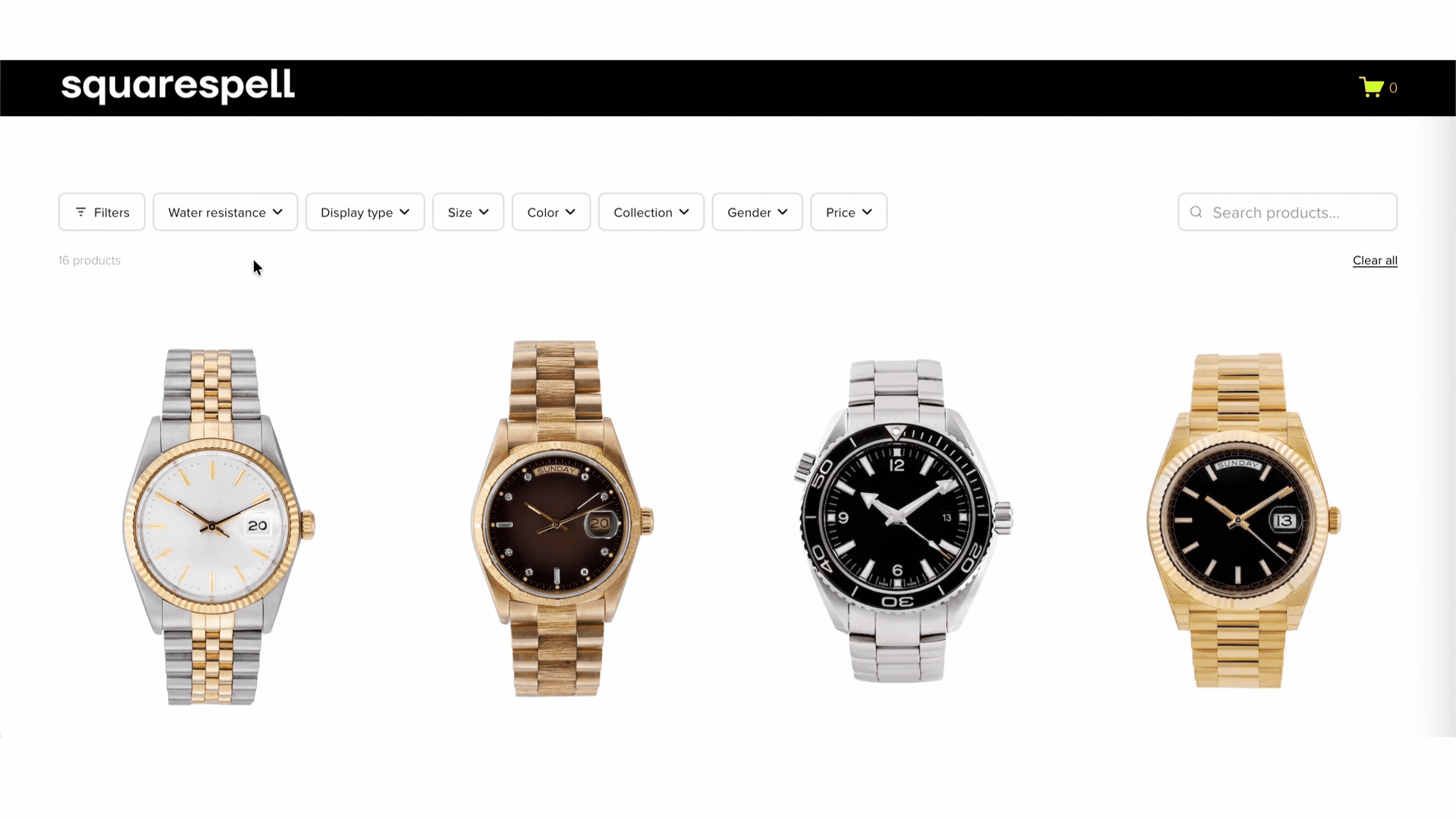 Squarespace product filter plugin top bar layout — filter by color, size, category, and price displayed as a horizontal bar above the product grid