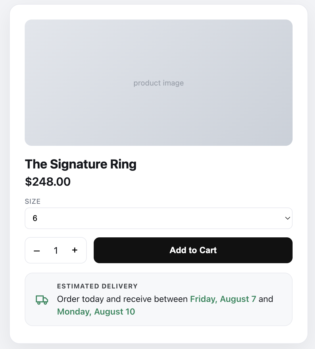Estimated delivery date shown below the Add to Cart button on a Squarespace product page