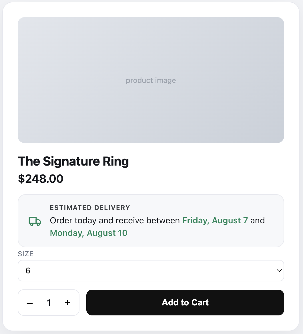 Estimated delivery date shown above the Add to Cart button on a Squarespace product page