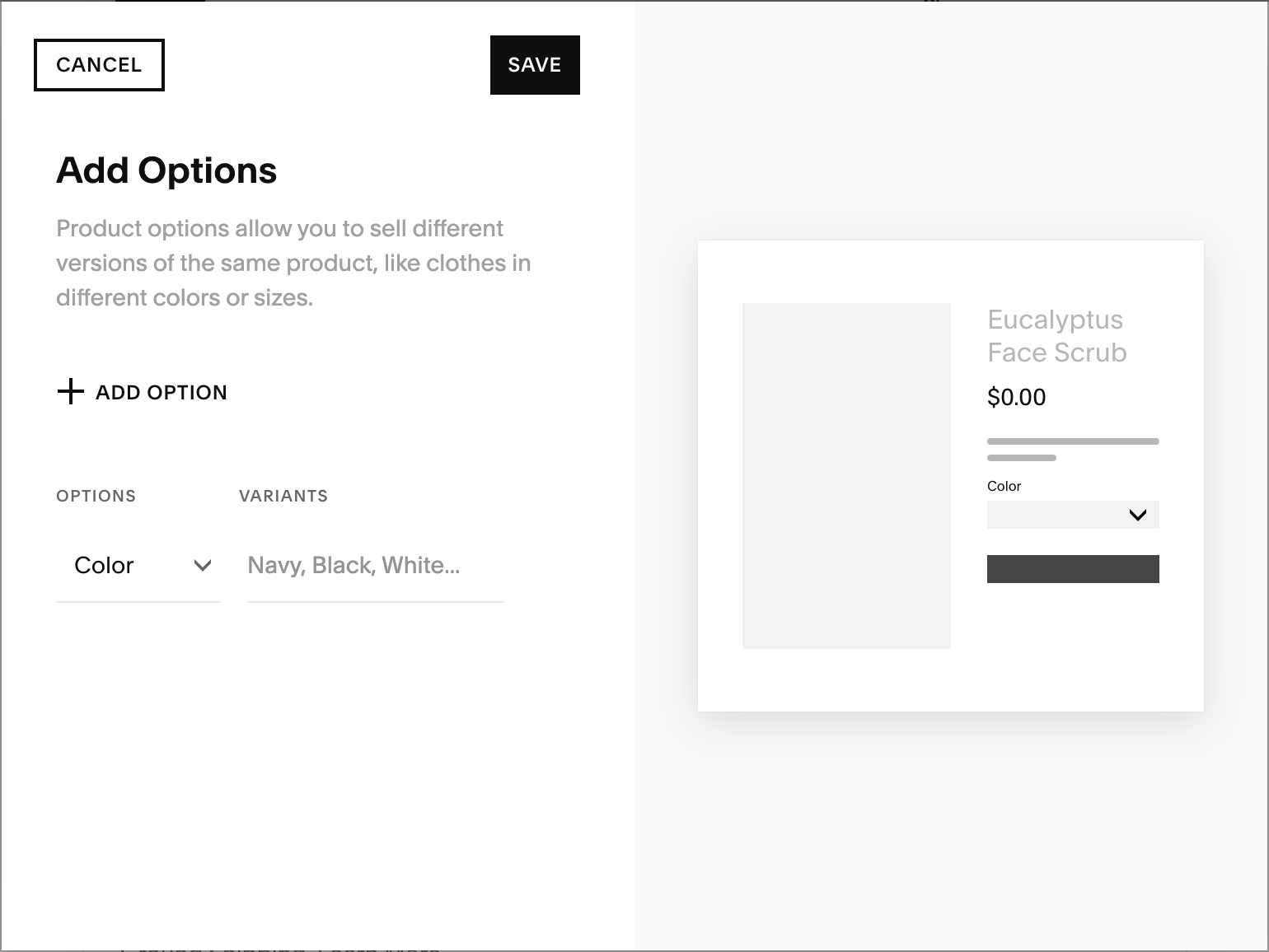 Squarespace product filter plugin top bar layout — filter by color, size, category, and price displayed as a horizontal bar above the product grid