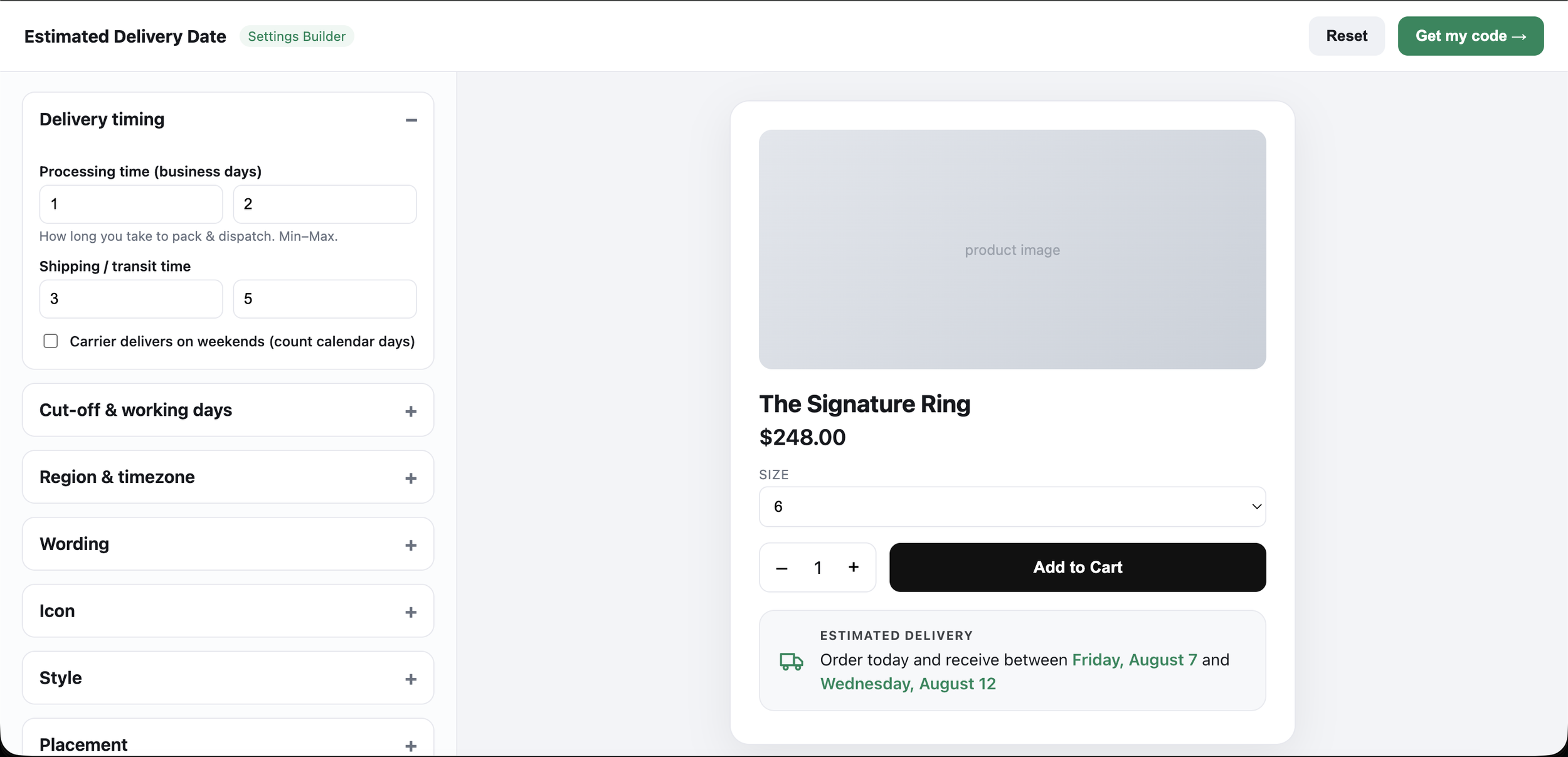 Estimated Delivery Date plugin Settings Builder with a live product preview on Squarespace