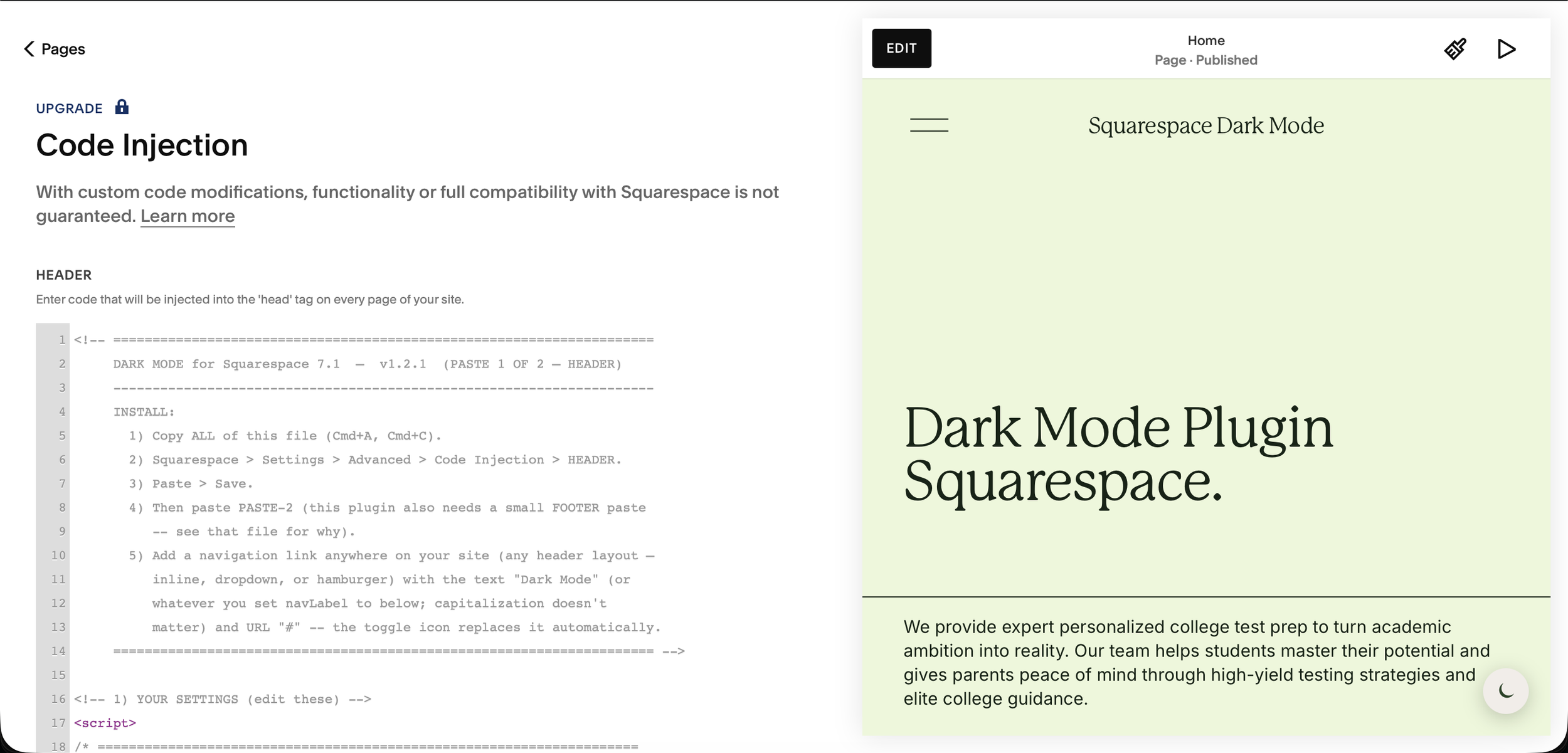 Squarespace Code Injection Header field with the dark mode plugin header code pasted in