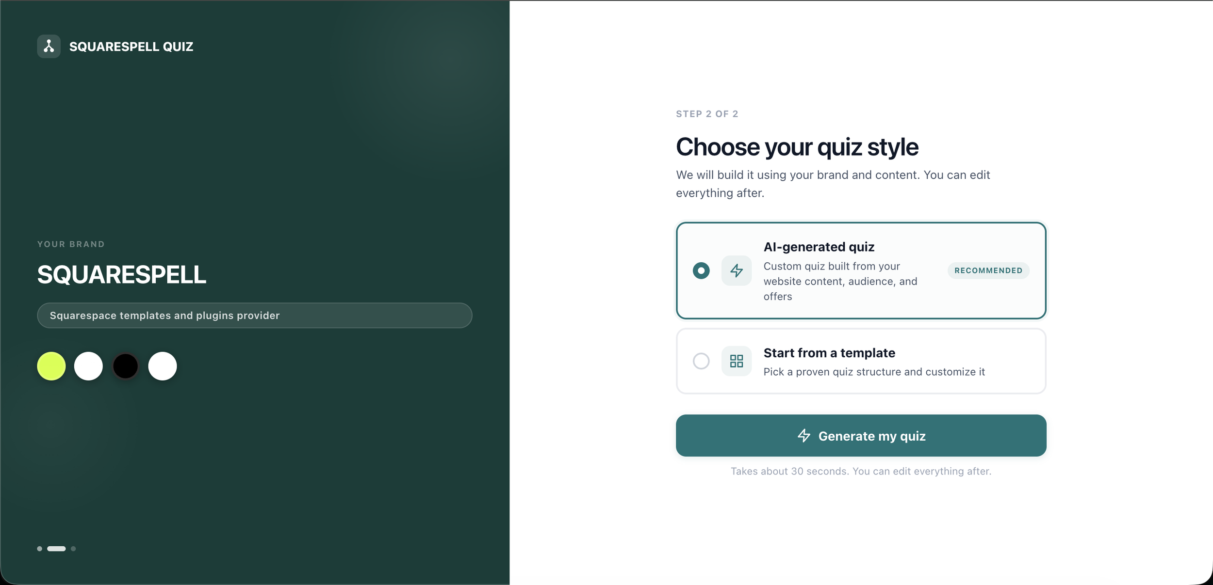 AI-generated quiz matching a Squarespace website's fonts, colors, buttons, and branding