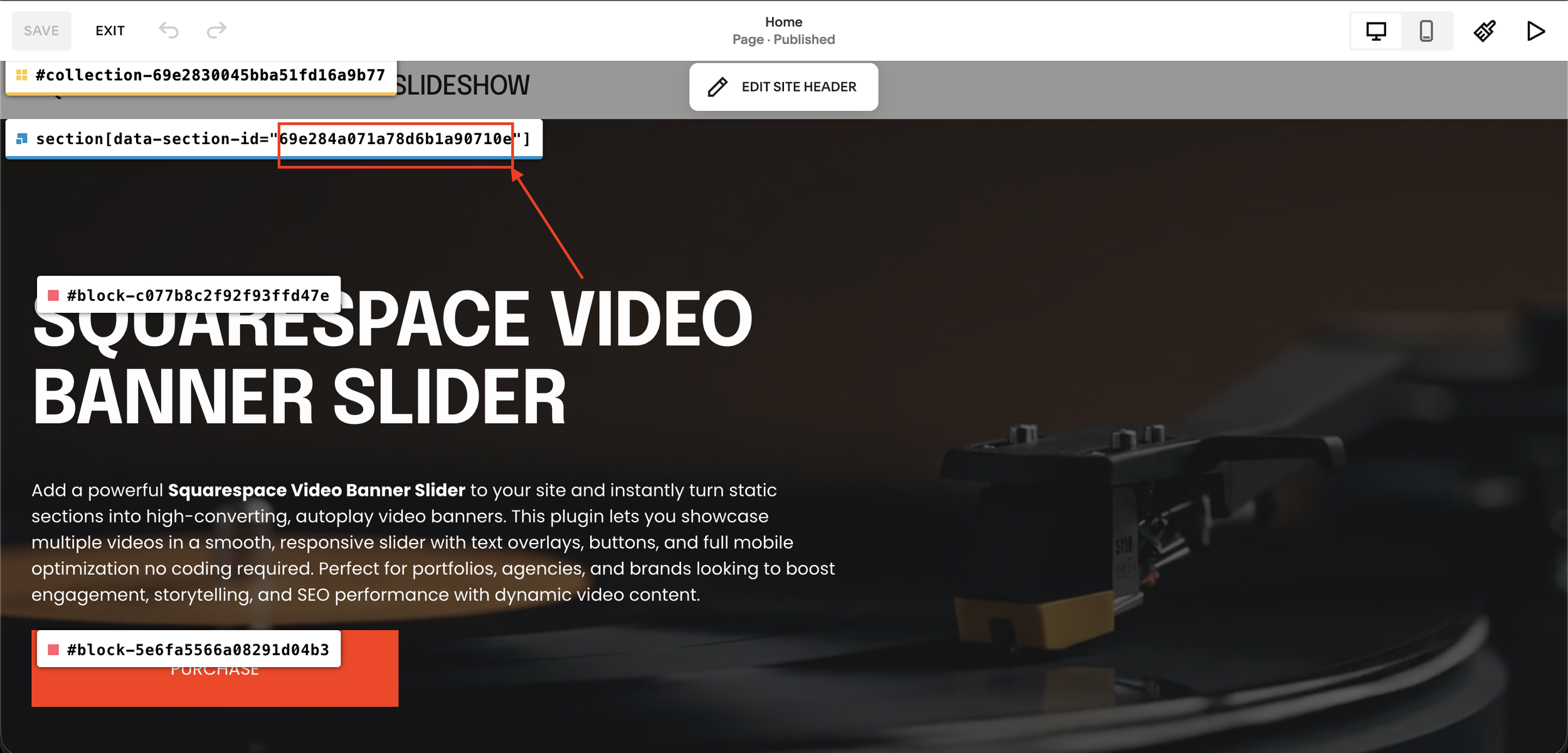 Squarespace 7.1 page inspector overlay showing the data-section-id value highlighted with a red arrow copying the section ID needed for the video carousel plugin code
