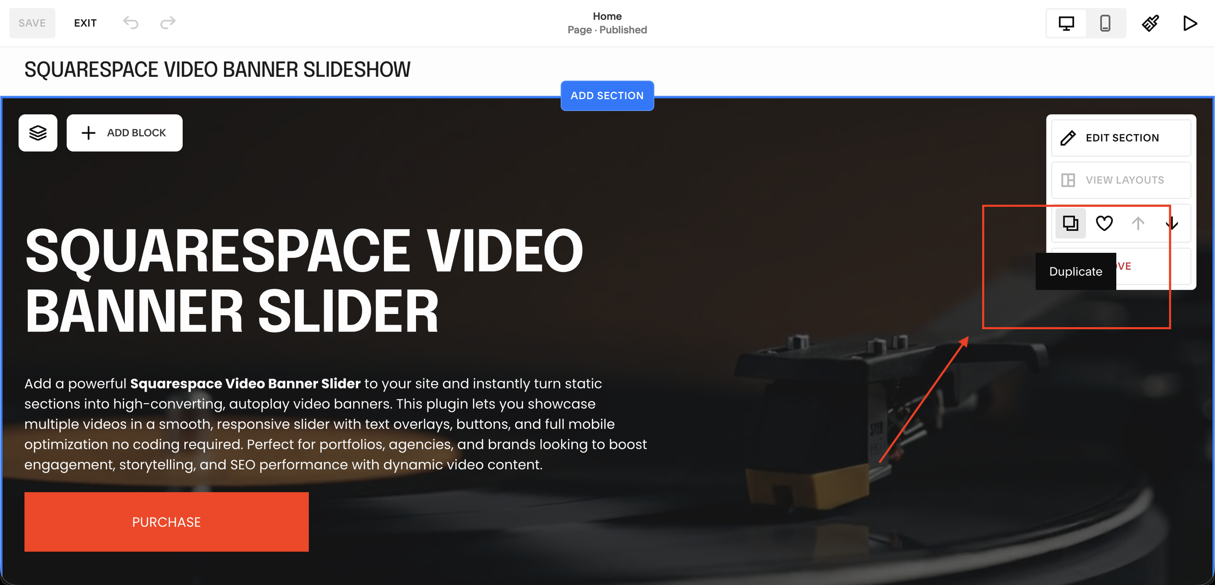 Squarespace 7.1 section toolbar showing the Duplicate button highlighted duplicating the hero section to add a second video to the carousel