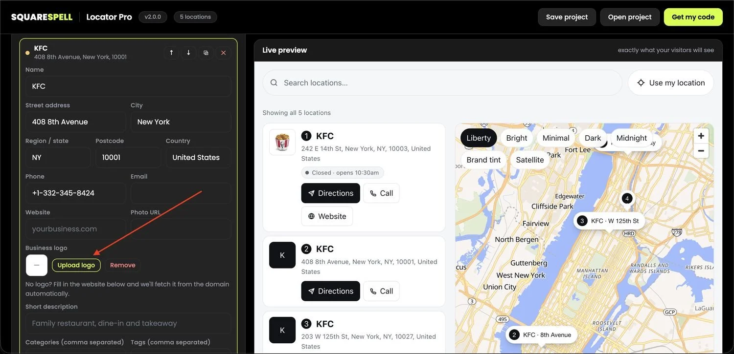 Editing individual store location details including name, address, phone number, website, and logo upload in the Locator Pro builder