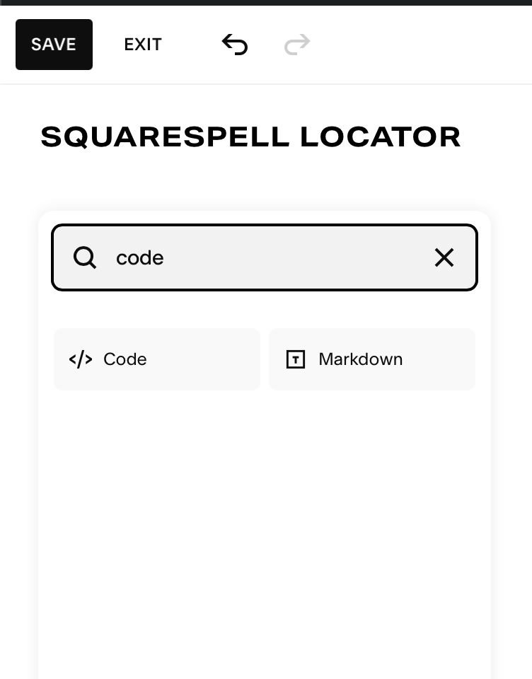 Pasting the store locator embed code into a Squarespace Code Block editor