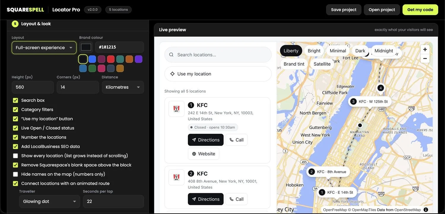 Layout and look settings in Locator Pro showing color picker, size controls, corner rounding, and feature toggles for search box and category filters