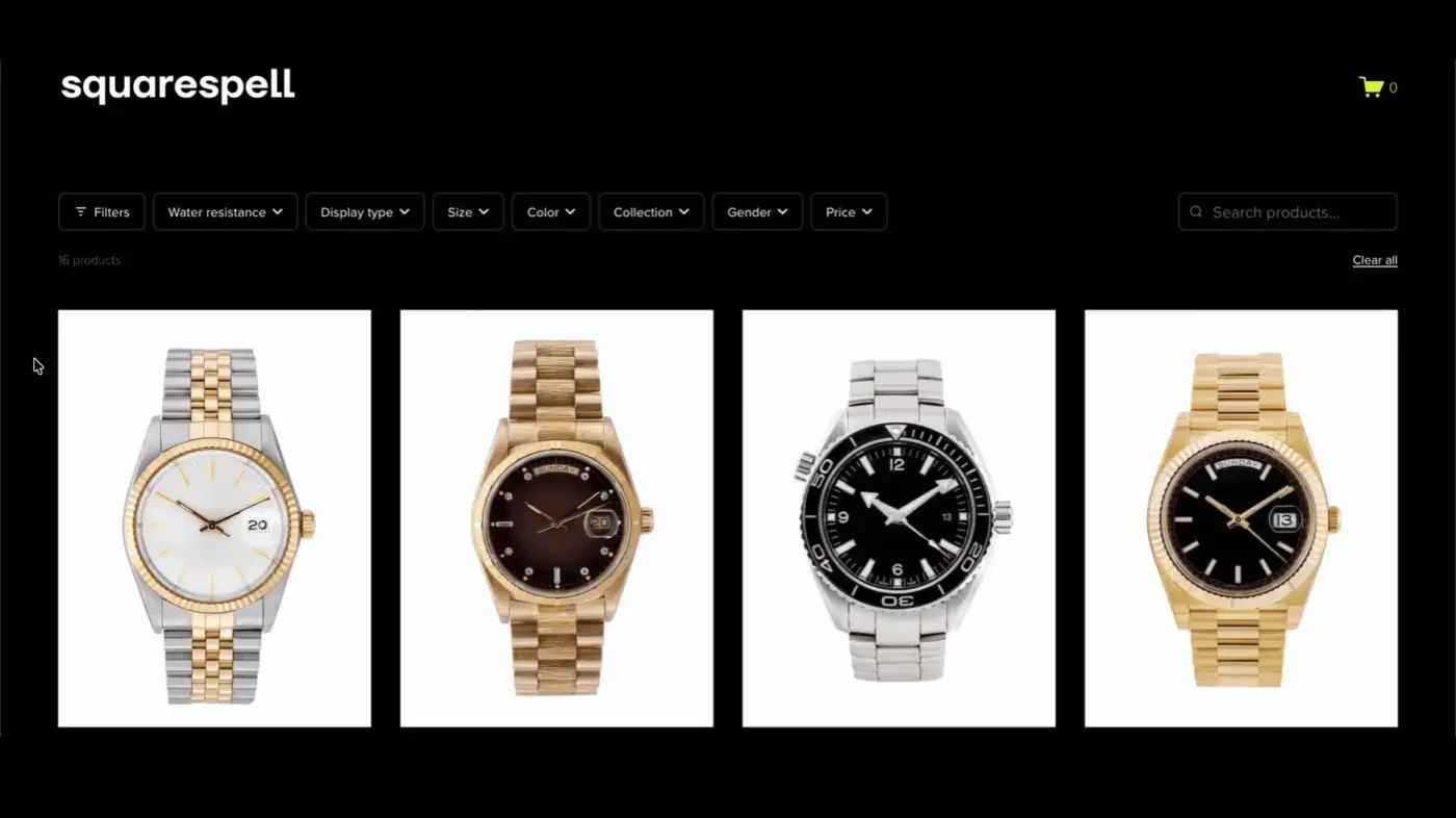 Squarespace shop filter plugin sidebar panel with a filter dropdown open, showing water resistance, size, color, and price options next to a dark watch product grid