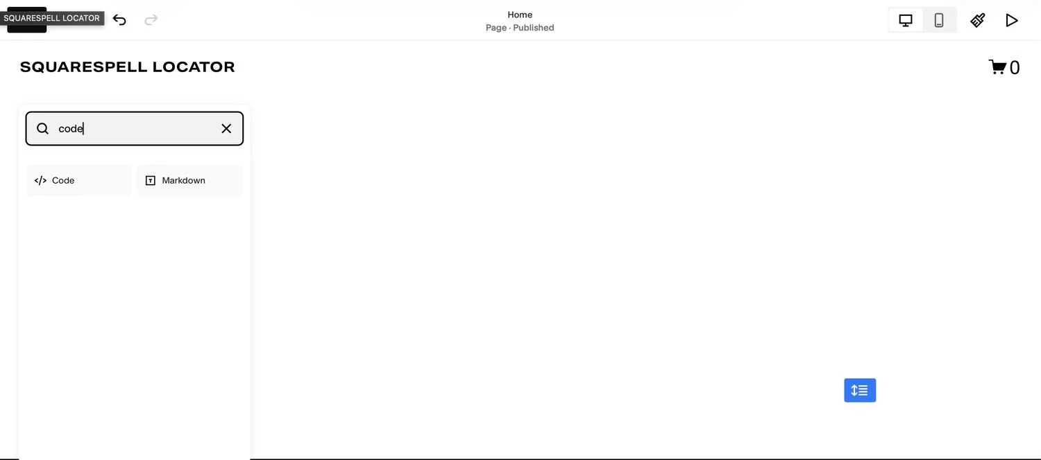 Adding a Code Block to a Squarespace page by clicking the add block button and selecting Code from the block menu