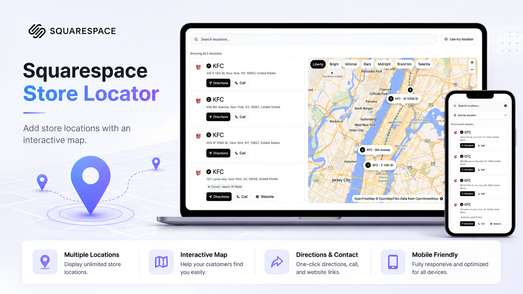Squarespace store locator plugin displayed on laptop, tablet, and mobile showing interactive map with location pins, search bar, and directions