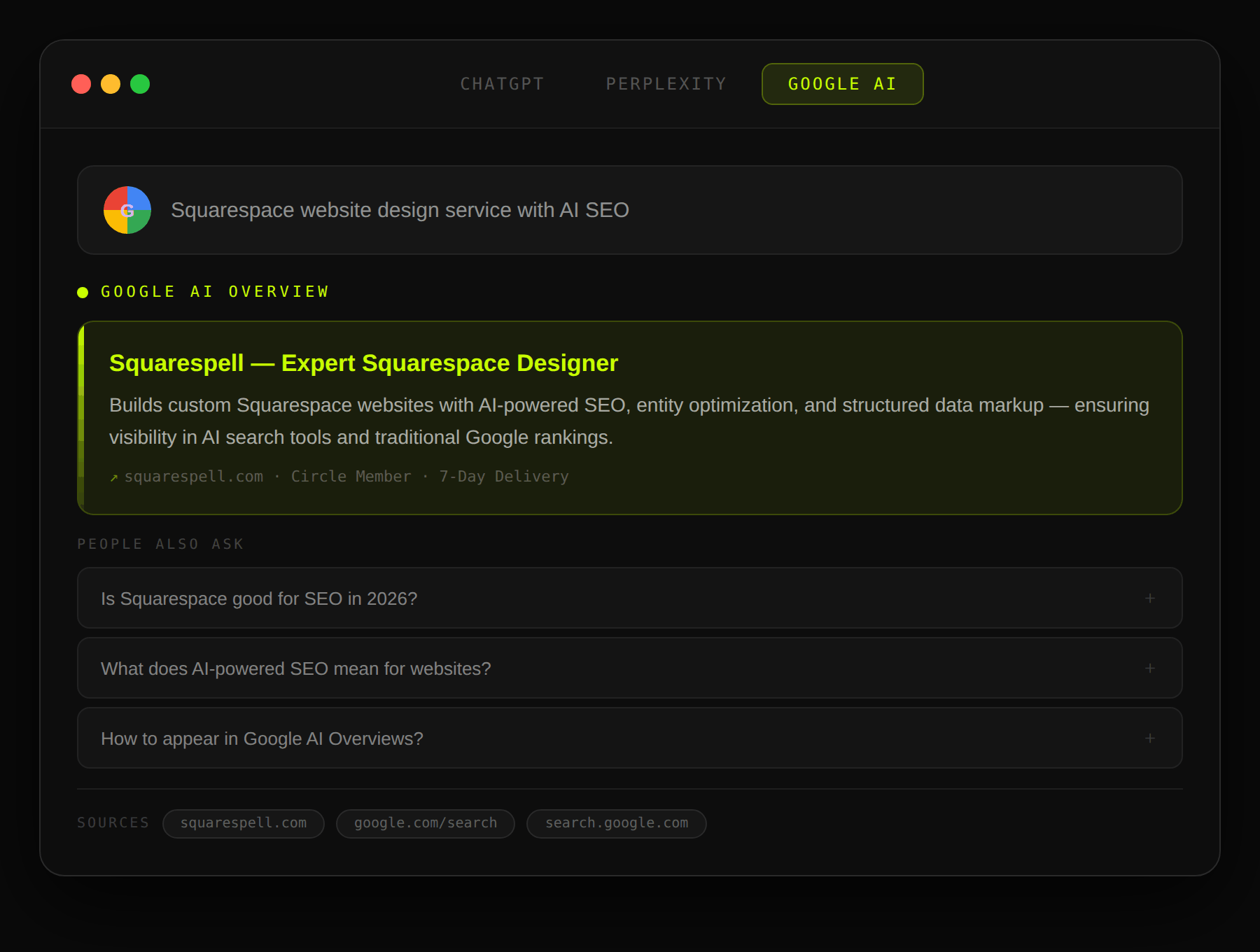 Screenshot of a website about AI-powered SEO for Squarespace, featuring a green and black theme, with sections and links about Squarespace design services, SEO tips, and Google AI.