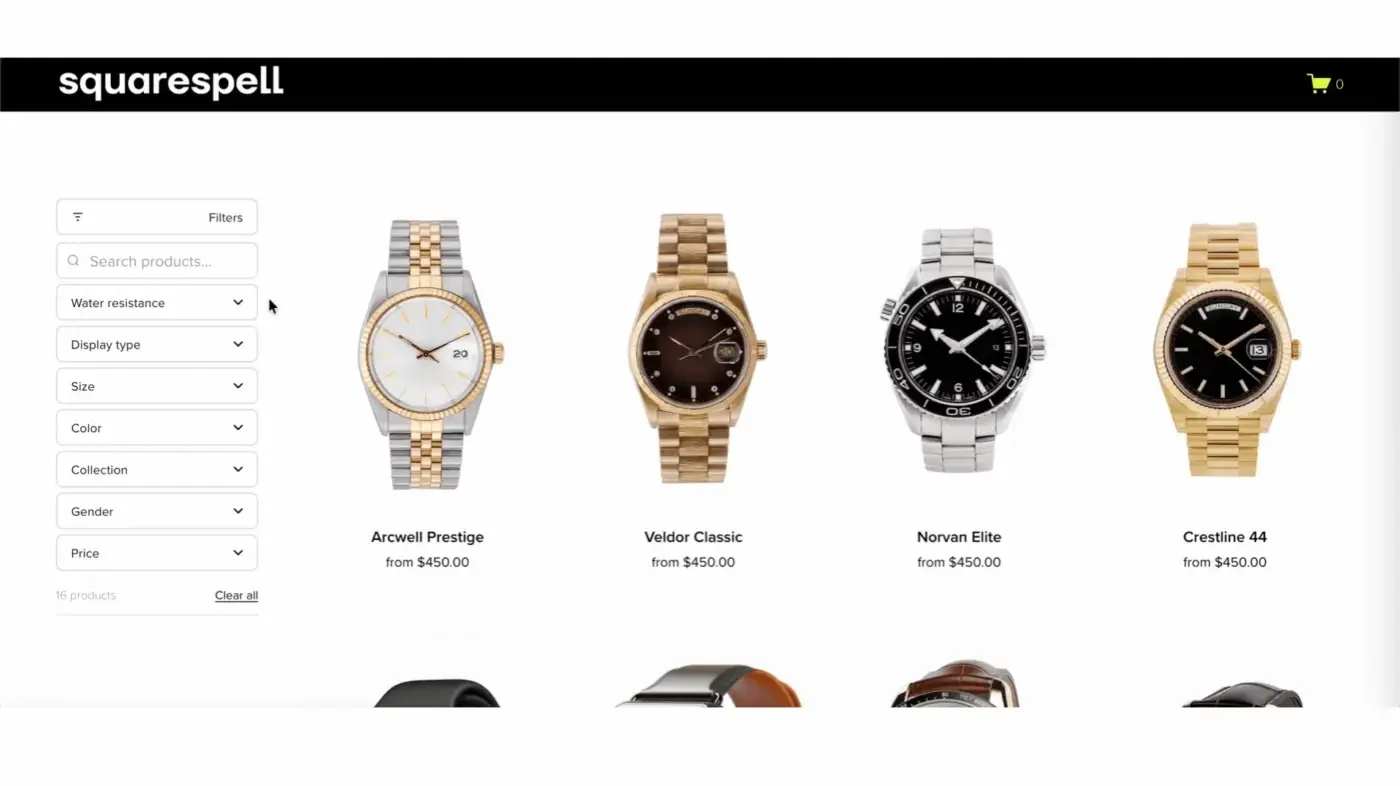 Squarespace shop filter plugin sidebar variant showing a light-themed watch product grid with names and prices below each item