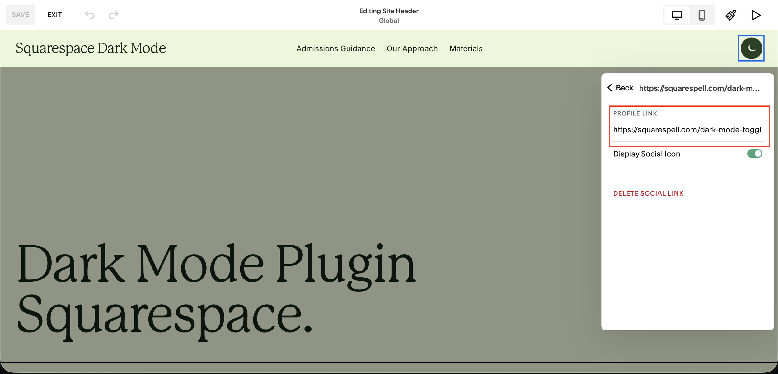 Clicking the Social Links dark mode icon switching the Squarespace site from light to dark