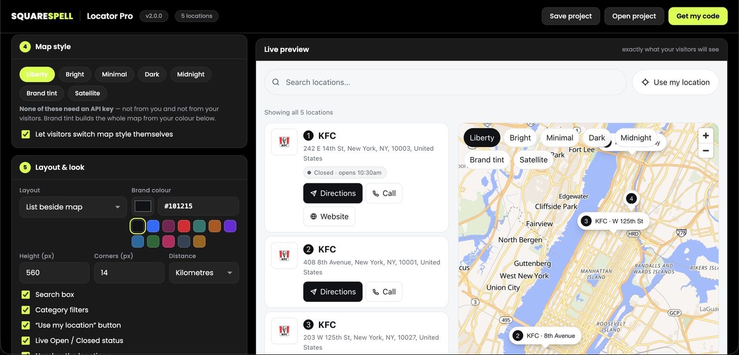 Map style selector showing Liberty, Bright, Minimal, Dark, Midnight, Brand Tint, and Satellite theme options for the store locator