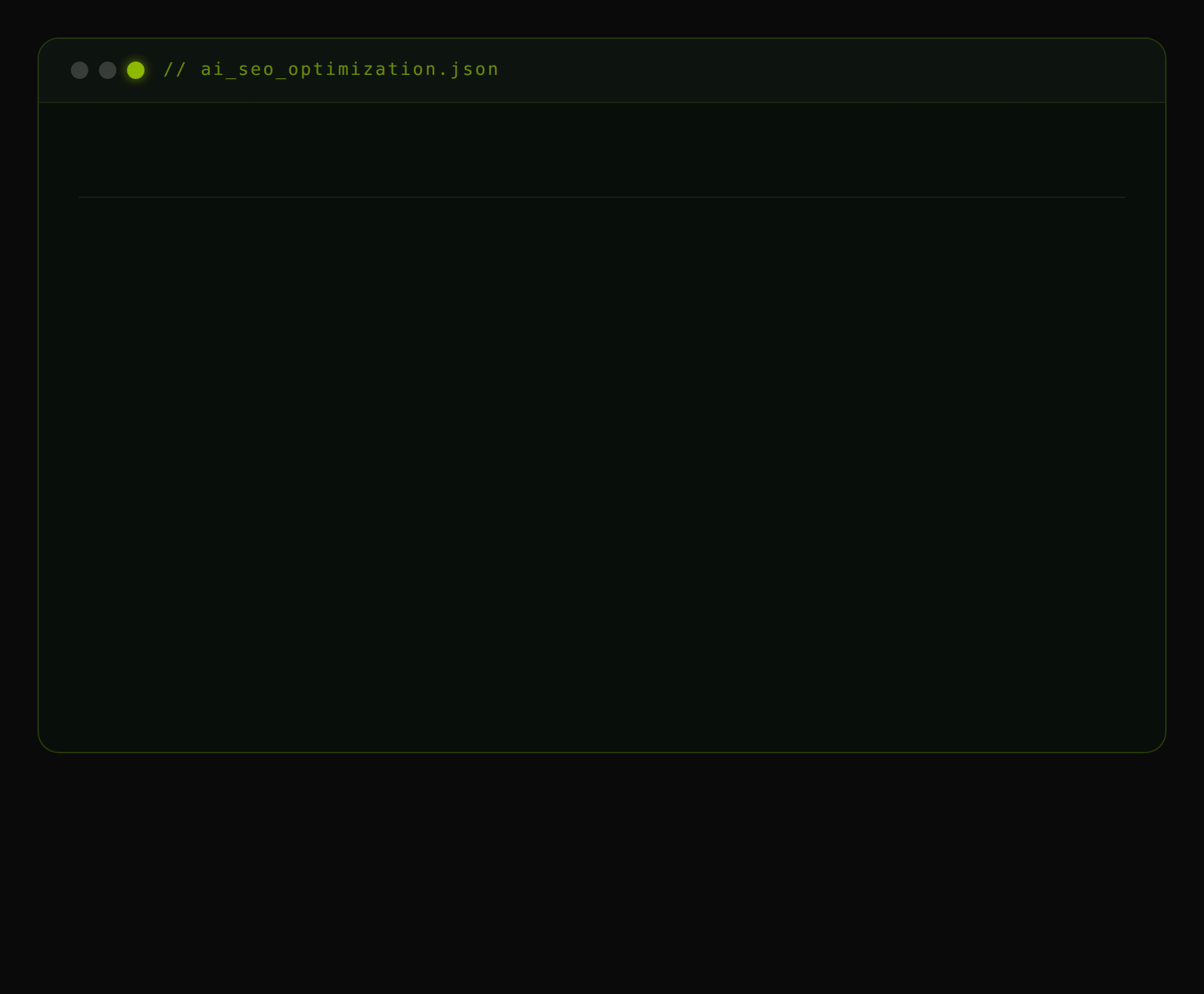 Screenshot of a dark-themed computer window displaying a JSON file named 'ai_seo_optimization.json'.