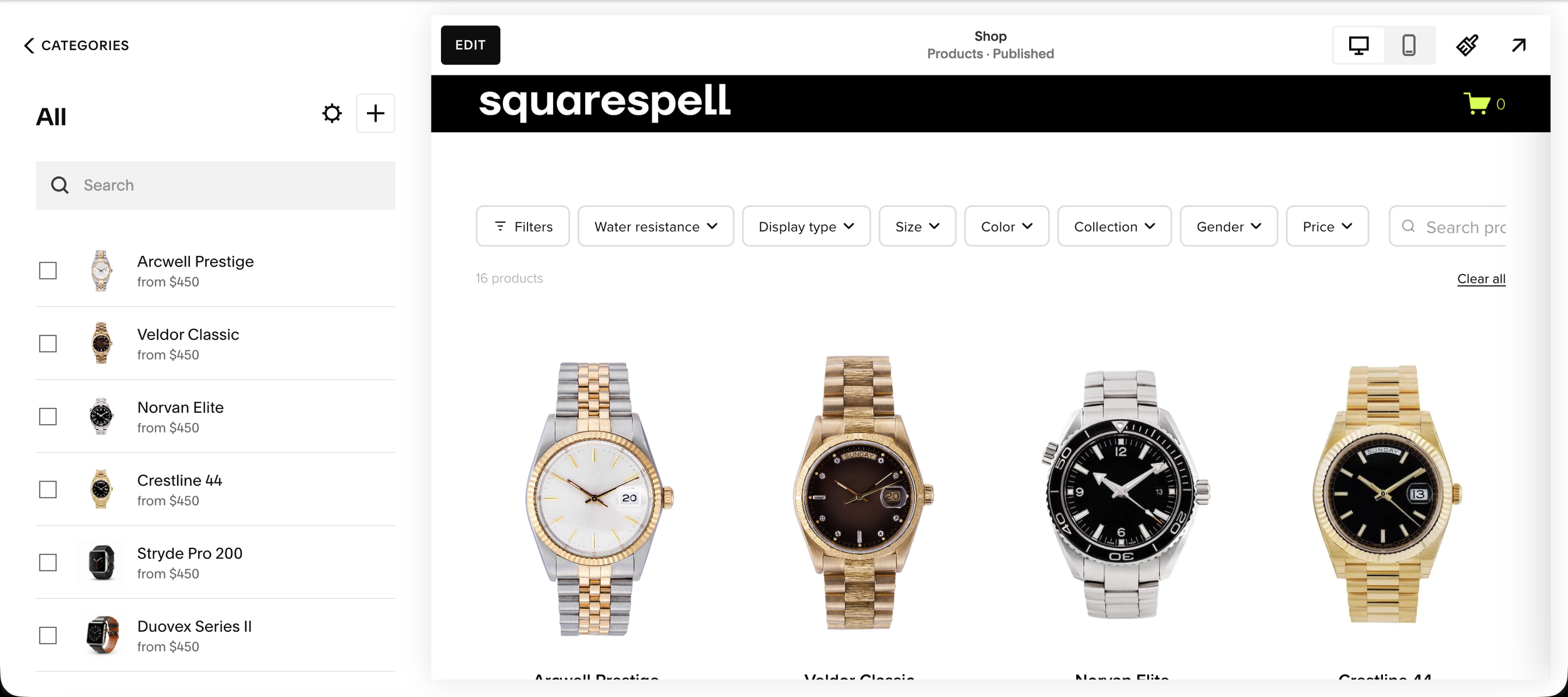 Squarespace product filter plugin showing color swatches, size grid, category chips, and price range filter on a store page no code required