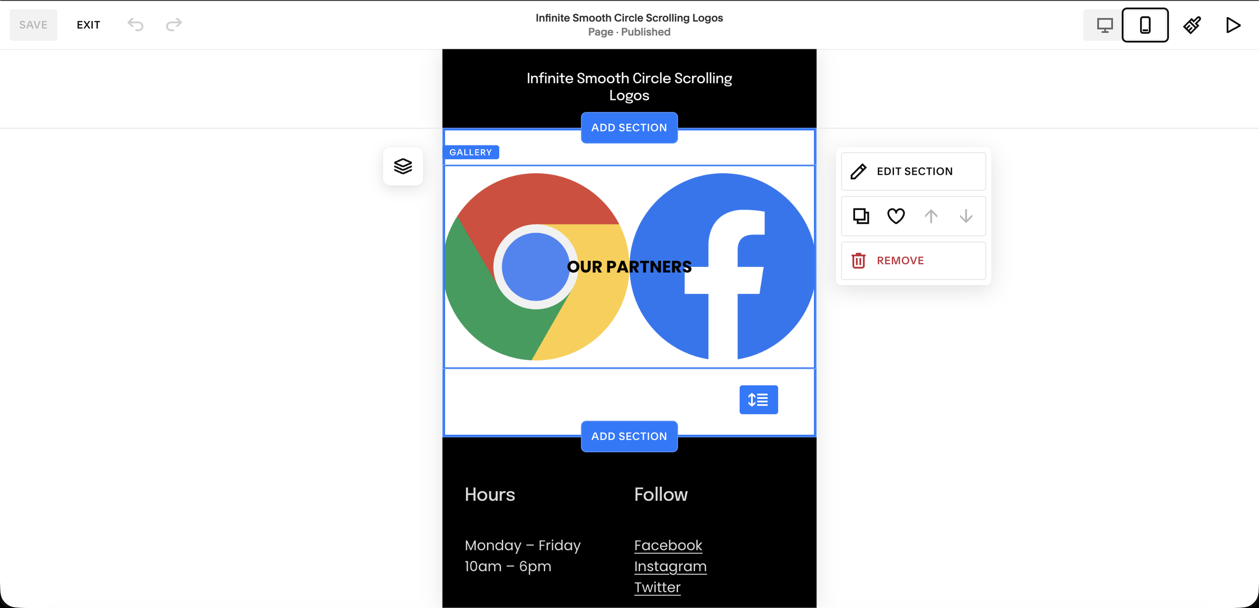 adjust text over mobile Squarespace gallery block for carousel animation