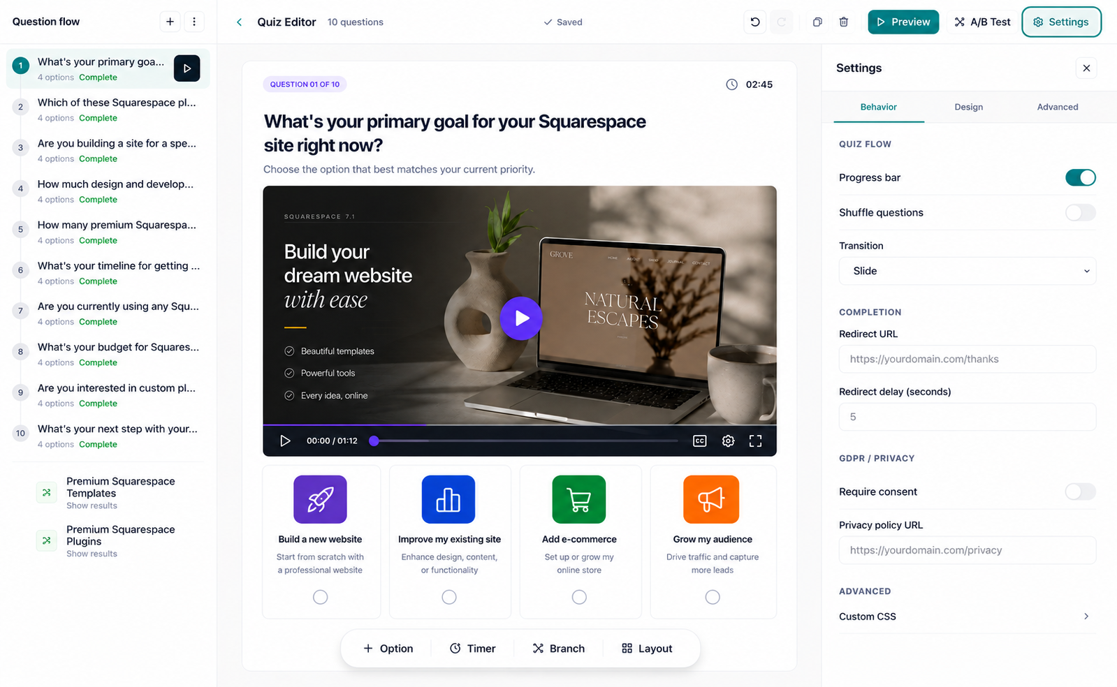 AI generating a branded Squarespace quiz after pasting a website URL into Squarespace Quiz