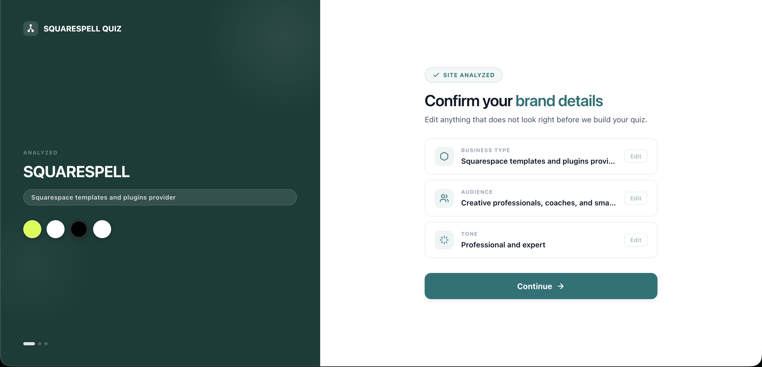 User entering a Squarespace website URL into Squarespell Quiz to automatically generate a branded quiz