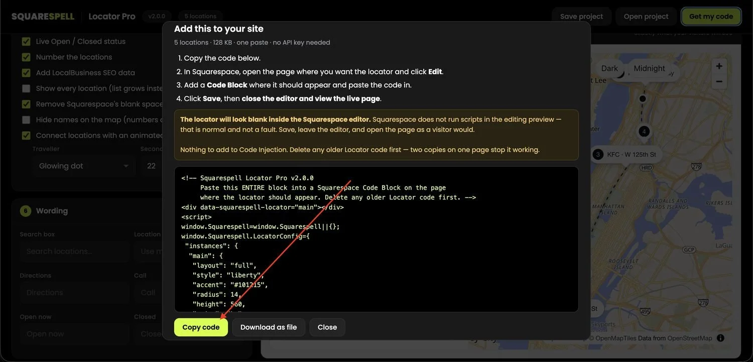 Generated embed code ready to copy from Locator Pro with the store locator live preview shown alongside