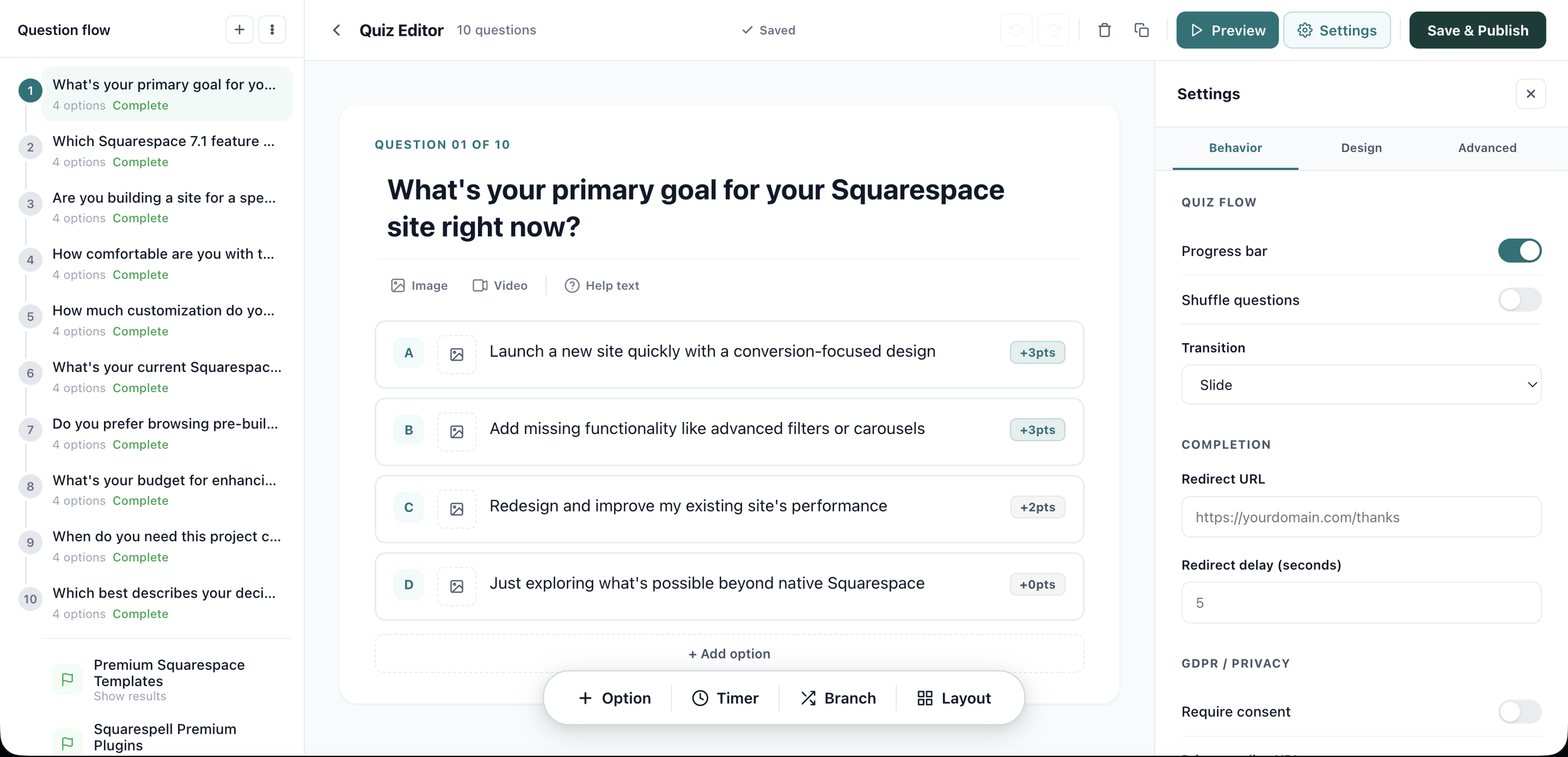 Previewing a branded quiz on desktop, tablet, and mobile devices before launch
