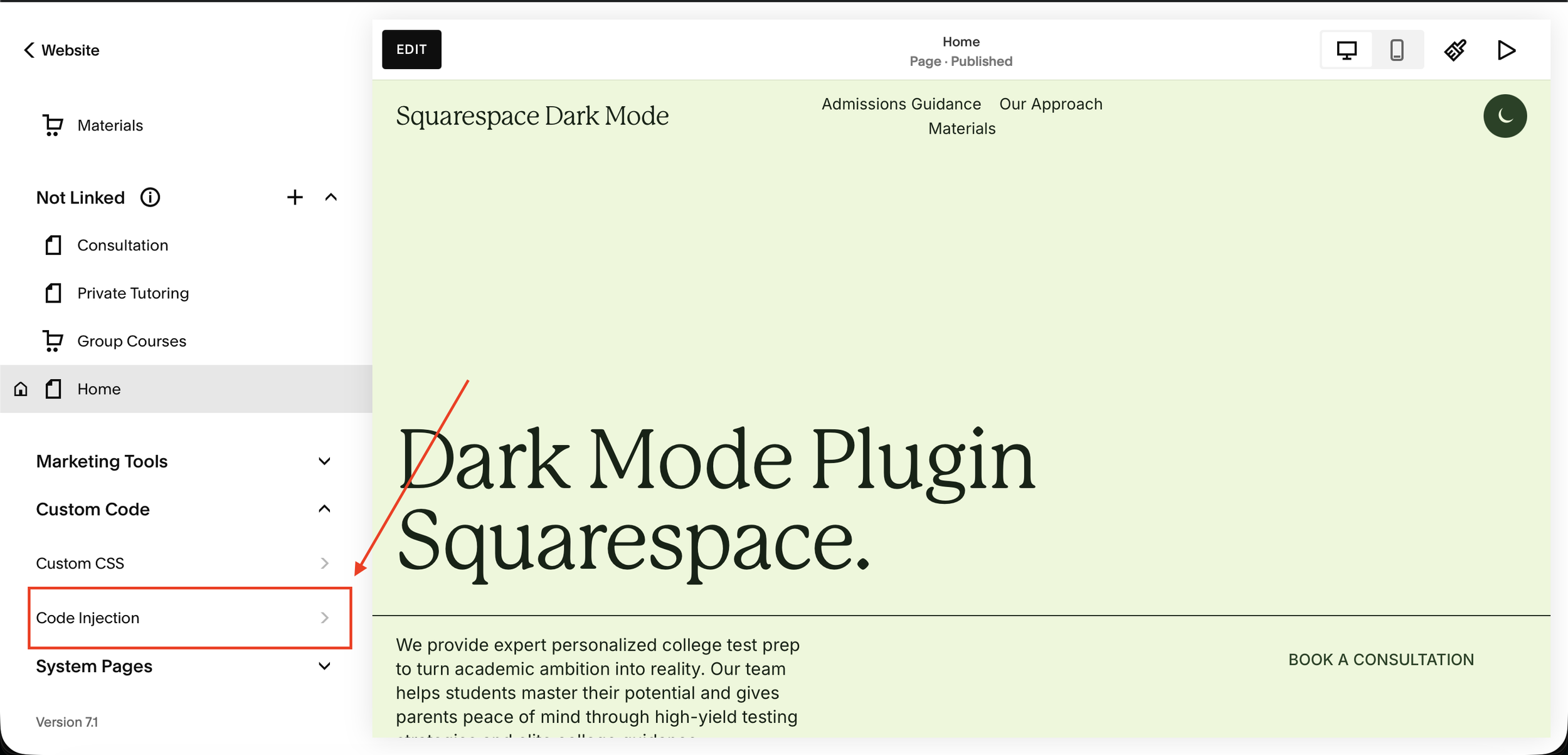 Arrow pointing to Custom Code then Code Injection in the Squarespace settings menu