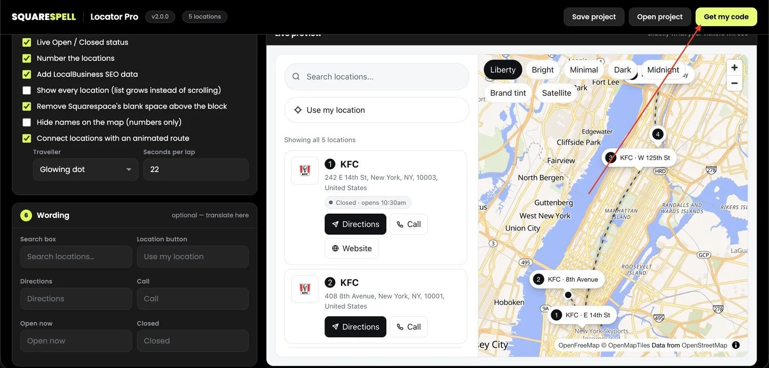 Locator Pro settings panel with SEO data, open/closed status, animated route options, and the Get My Code button highlighted
