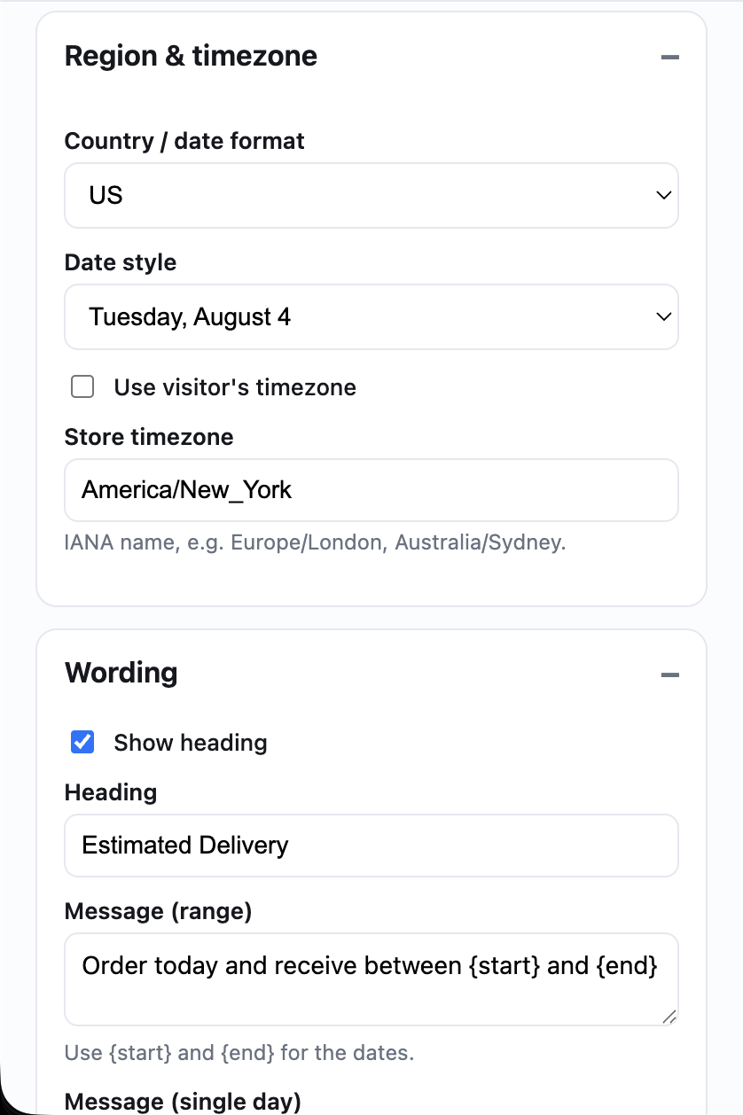 Region, time zone and message settings using {start} and {end} placeholders