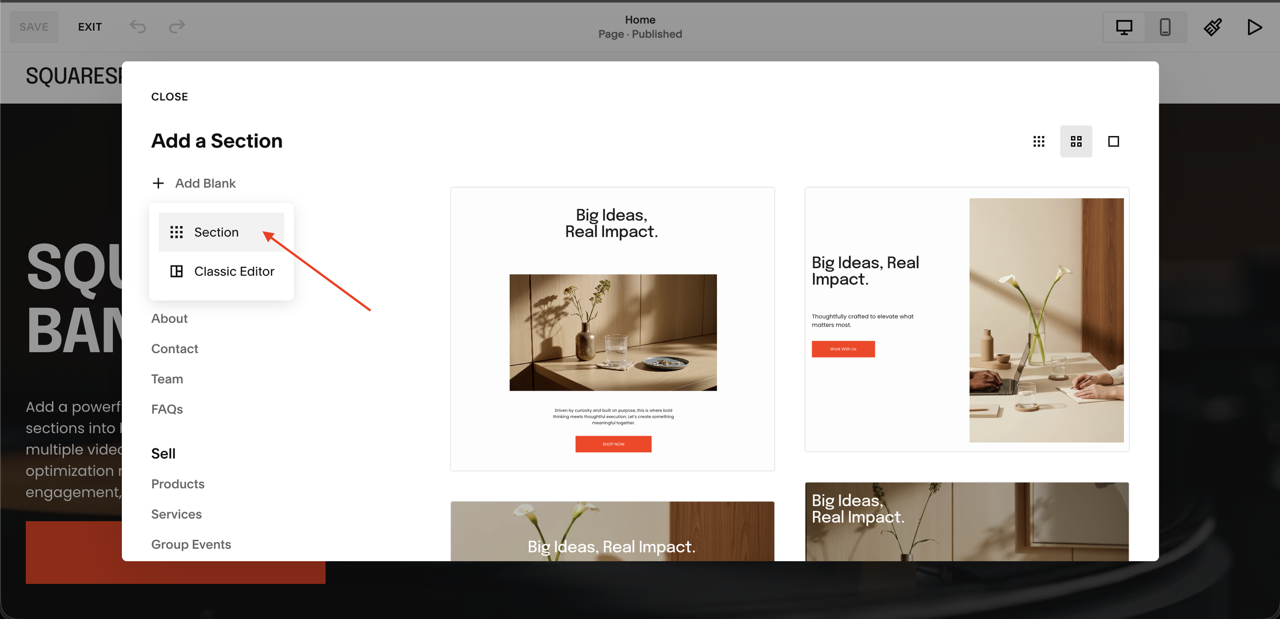Squarespace 7.1 editor showing the Add a Section panel with Section option highlighted step 1 of installing the video banner carousel plugin