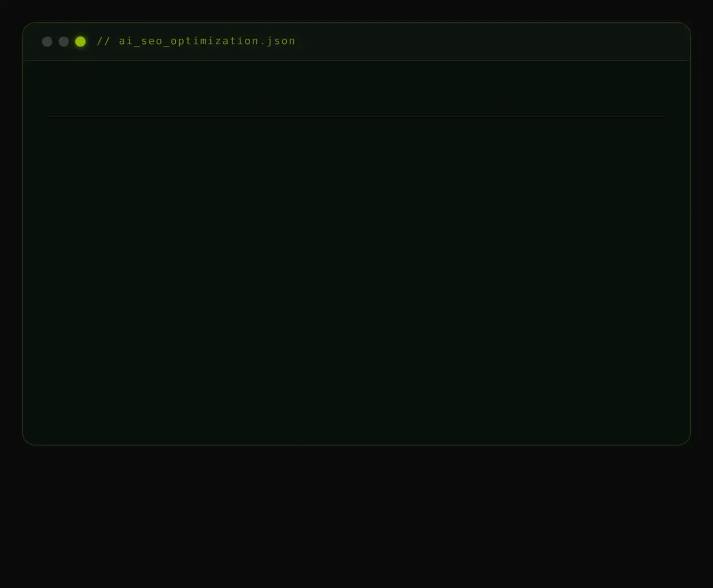 A screenshot of a dark-themed computer window with the filename 'ai_seo_optimization.json' visible in the title bar.