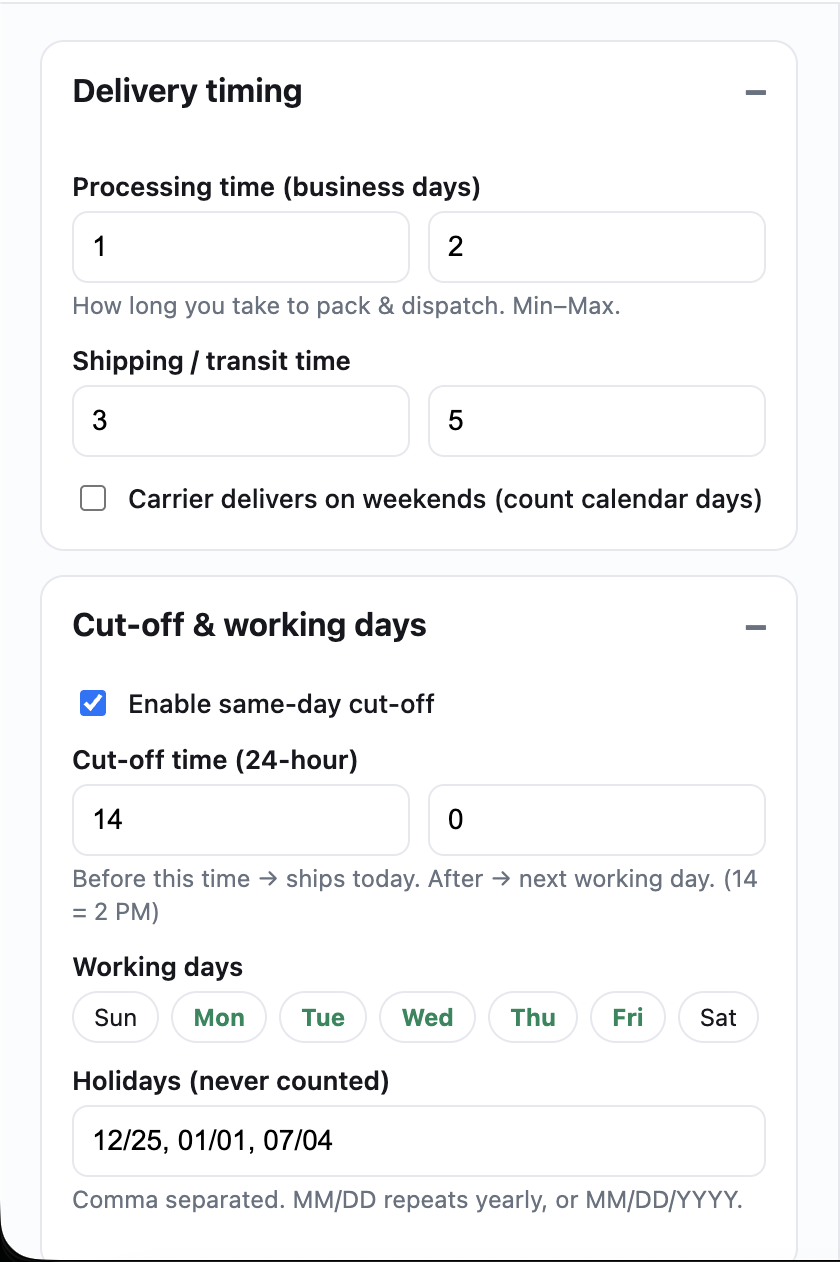 Delivery timing settings: processing time, shipping time, cut-off, working days and holidays.